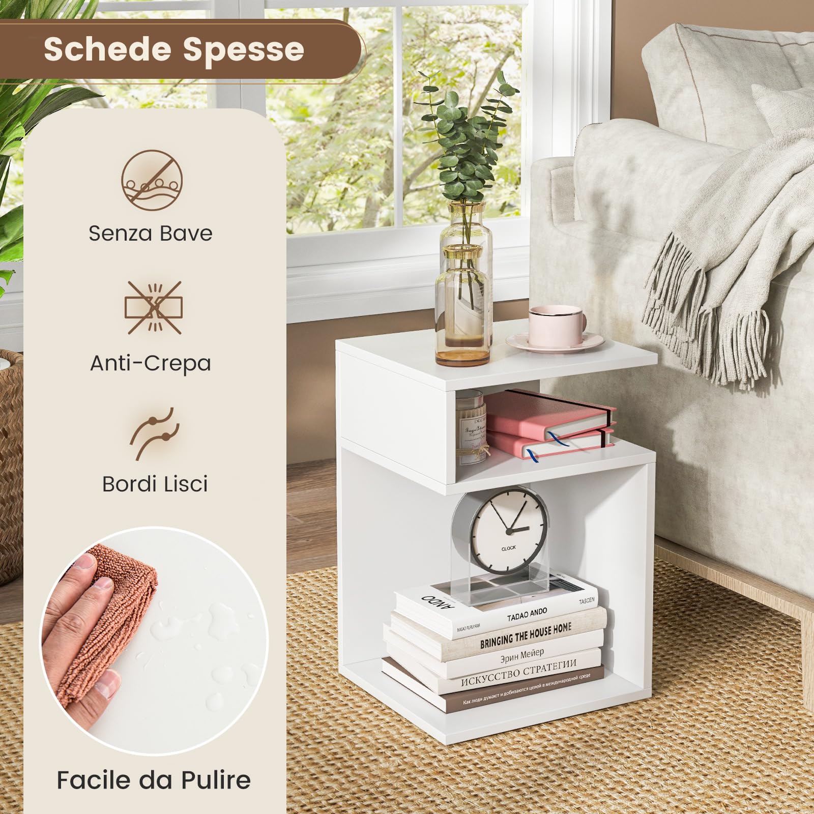 COSTWAY Tavolino Laterale da Salotto a Forma di S per Piccoli Spazi, Tavolino per Divano con 2 Scomparti Aperti, Comodino Moderno per Soggiorno, Camera da Letto e Studio, Bianco (1,Bianco)