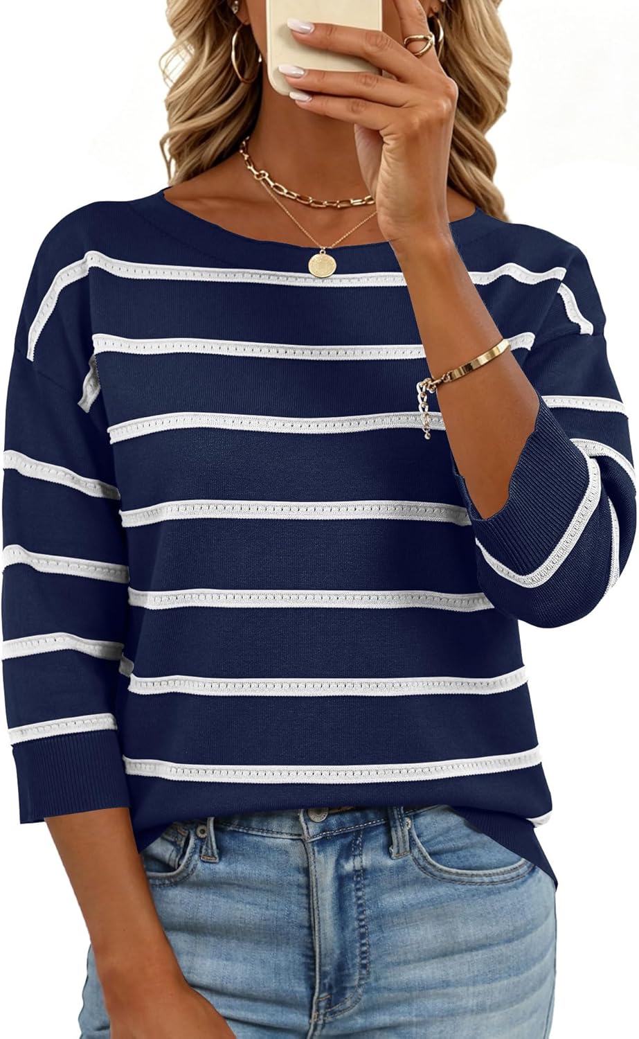 LOMON Womens Sweaters Casual Boat Neck 3/4 Sleeve Lightweight Knit Trendy Pullover Sweater Summer Tops S-XL