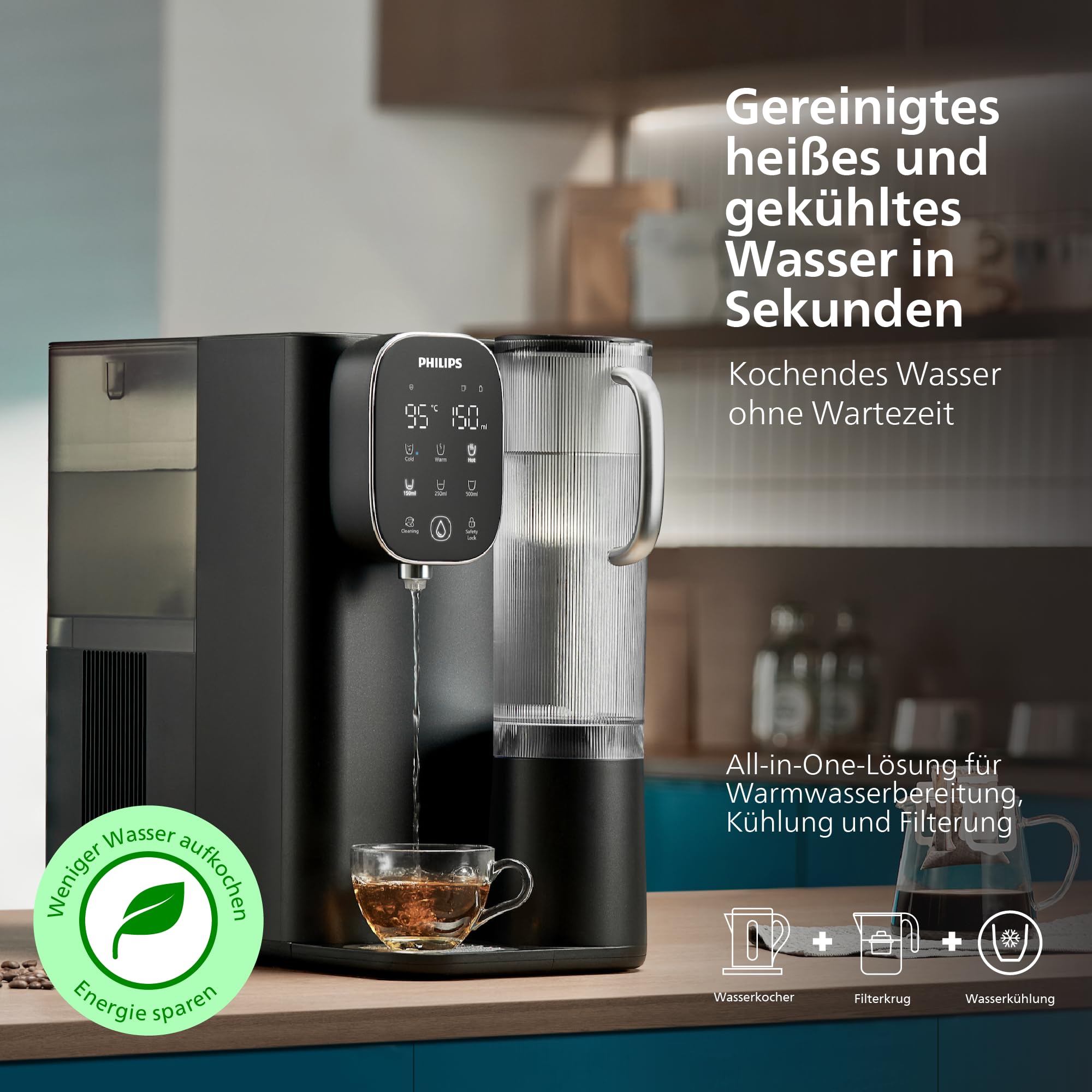 Philips 6500 Umkehrosmose-Wasserspender: gereinigtes heißes und gekühltes Wasser in Sekunden, 5-in-1-RO-Filter reduziert >110 Schadstoffe, 3:1 Rein-/Abwasser, UV-C-Schutz, Keine Installation, 2000 L