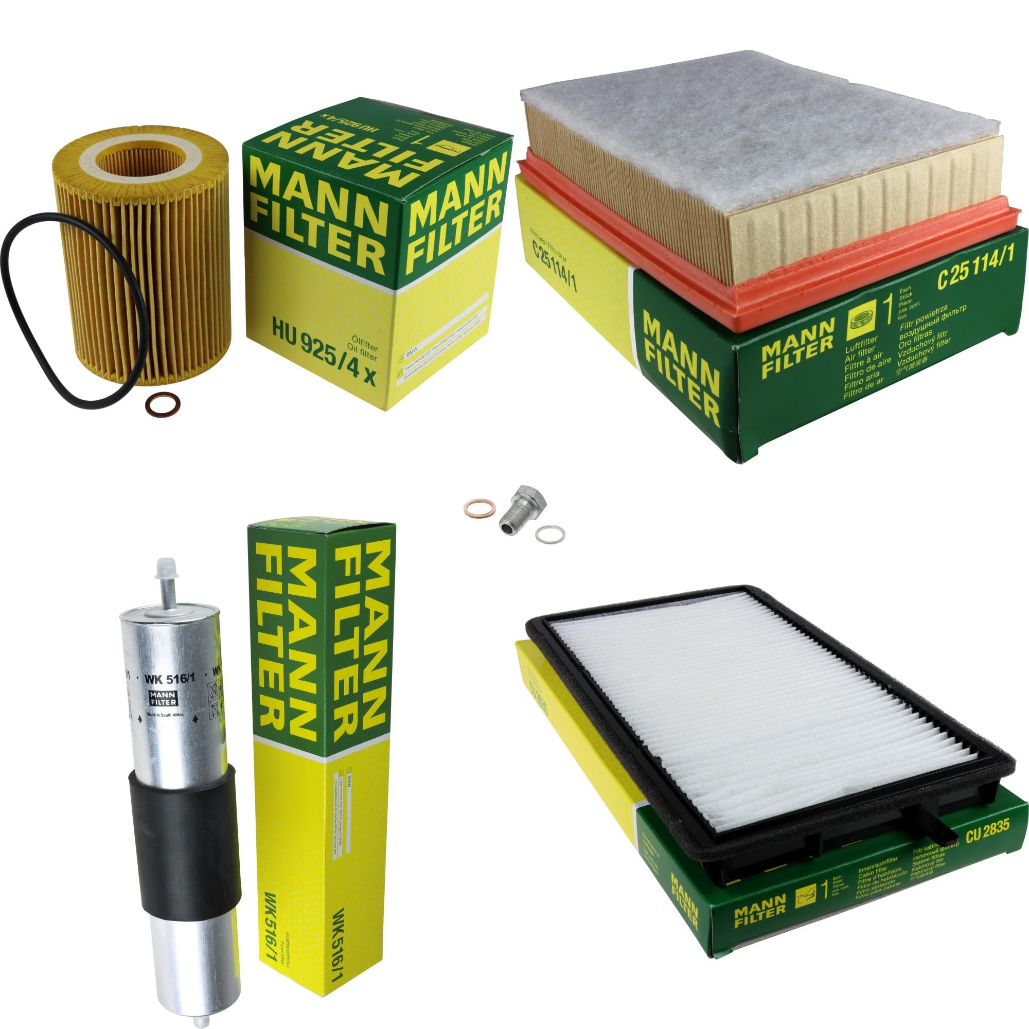 Paquete de inspección Kit de mantenimiento de filtros con filtro de aceite HU 925/4 x, filtro de aire C 25 114/1, filtro de combustible WK 516/1, filtro de habitáculo CU 2835, tornillo de
