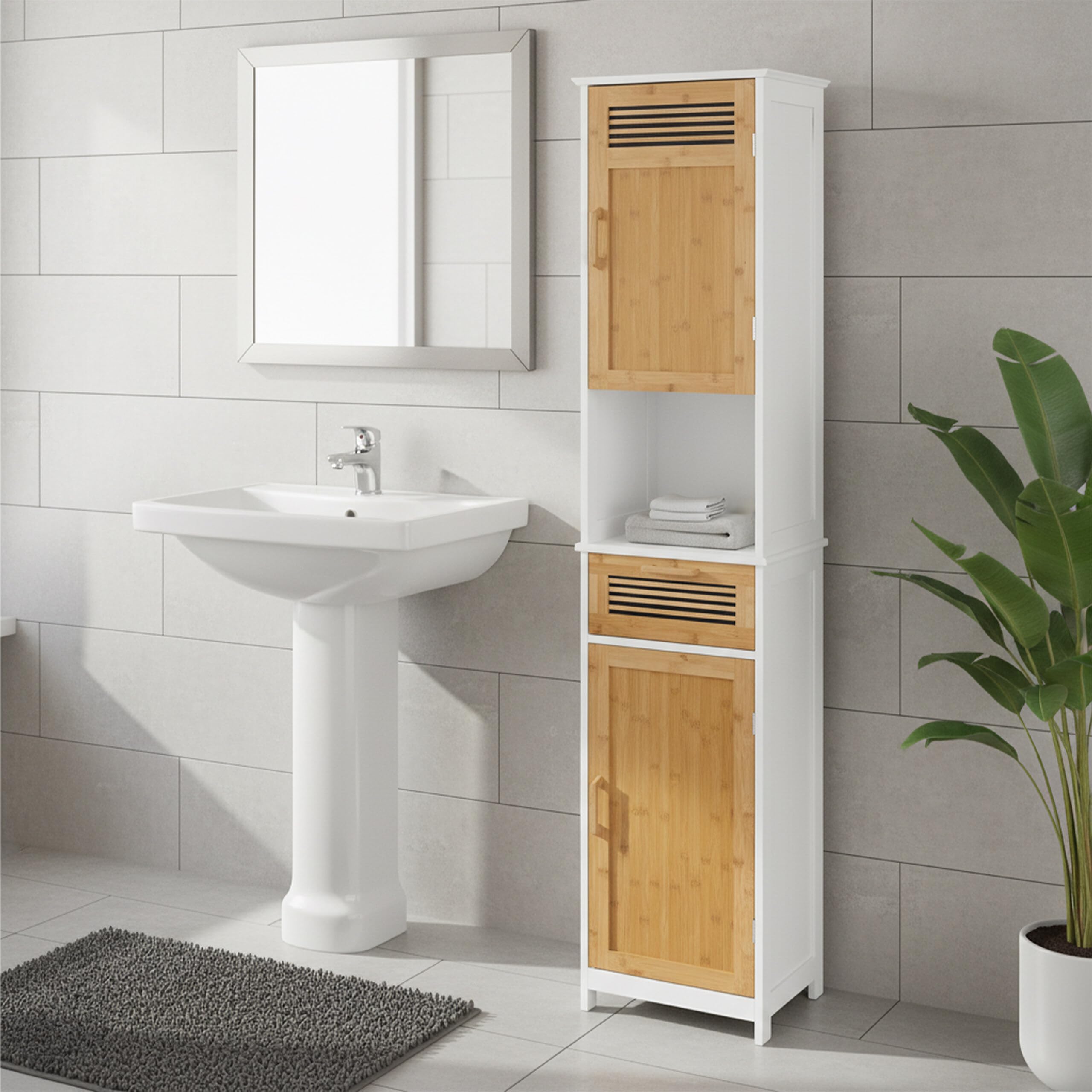 Relaxdays Armoire Haute Salle de Bain, 2 Portes 1 Tiroir, Colonne SDB HxLxP: env. 180x39x30 cm, Bois Bambou Blanc-Nature