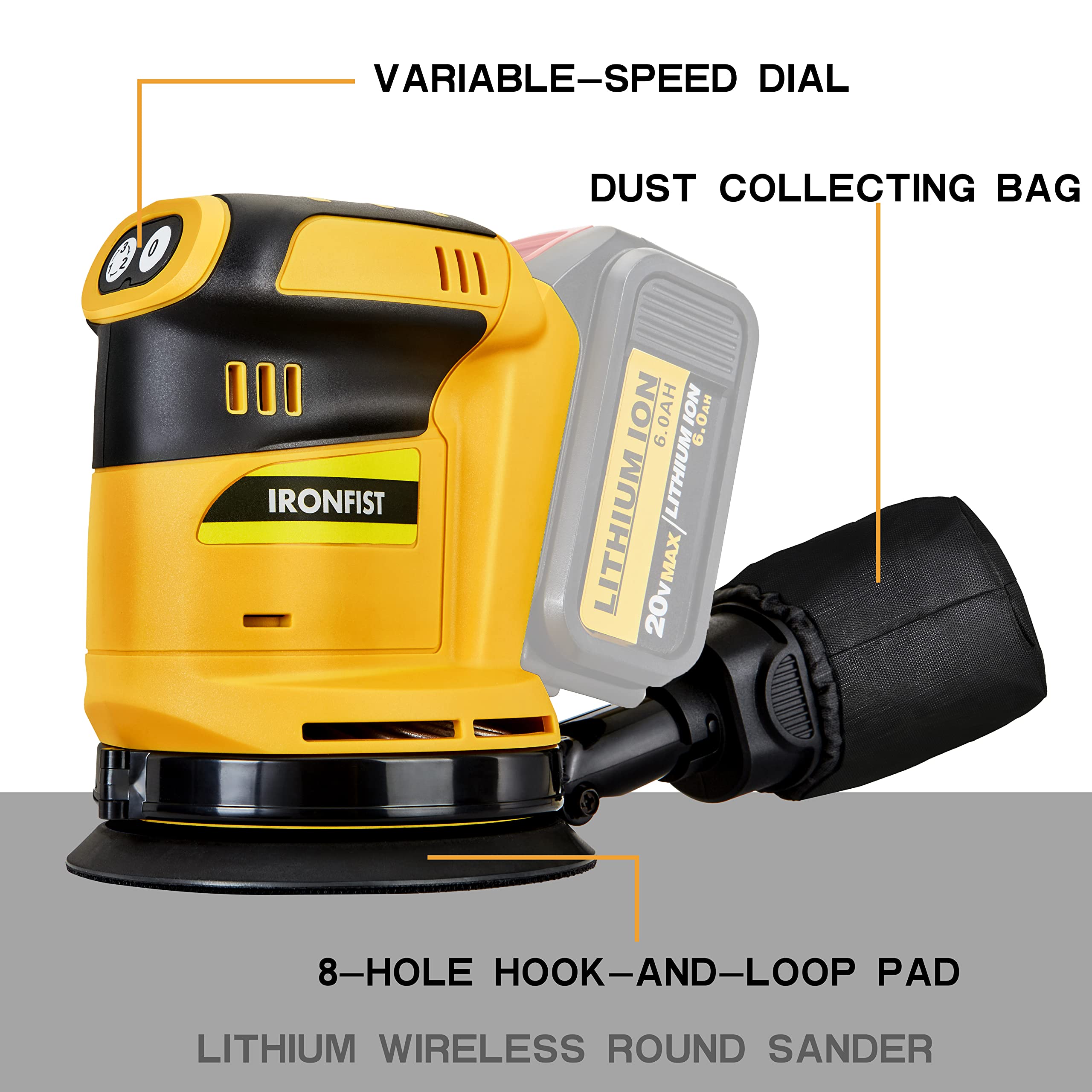 IRONFIST Random Orbit Sander for DEWALT Lithium Battery, 5inch Electric Palm Sander/Polisher 3 Speed Setting with Dust Bag with Sandpaper & Polishing Sponges (Tool Only, NO Battery)