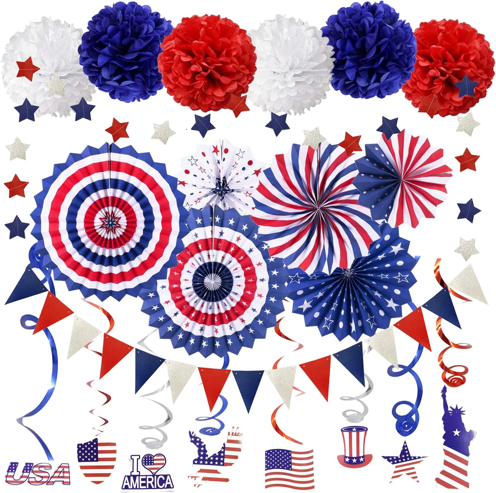 ZERODECO Party Supplies, Navy Blue Red Paper Fans Set Pom Poms Star Streamer Hanging Swirls USA Flag for 4th of July Day Patriotic Decorations Birthday Wedding Graduation Independence Day