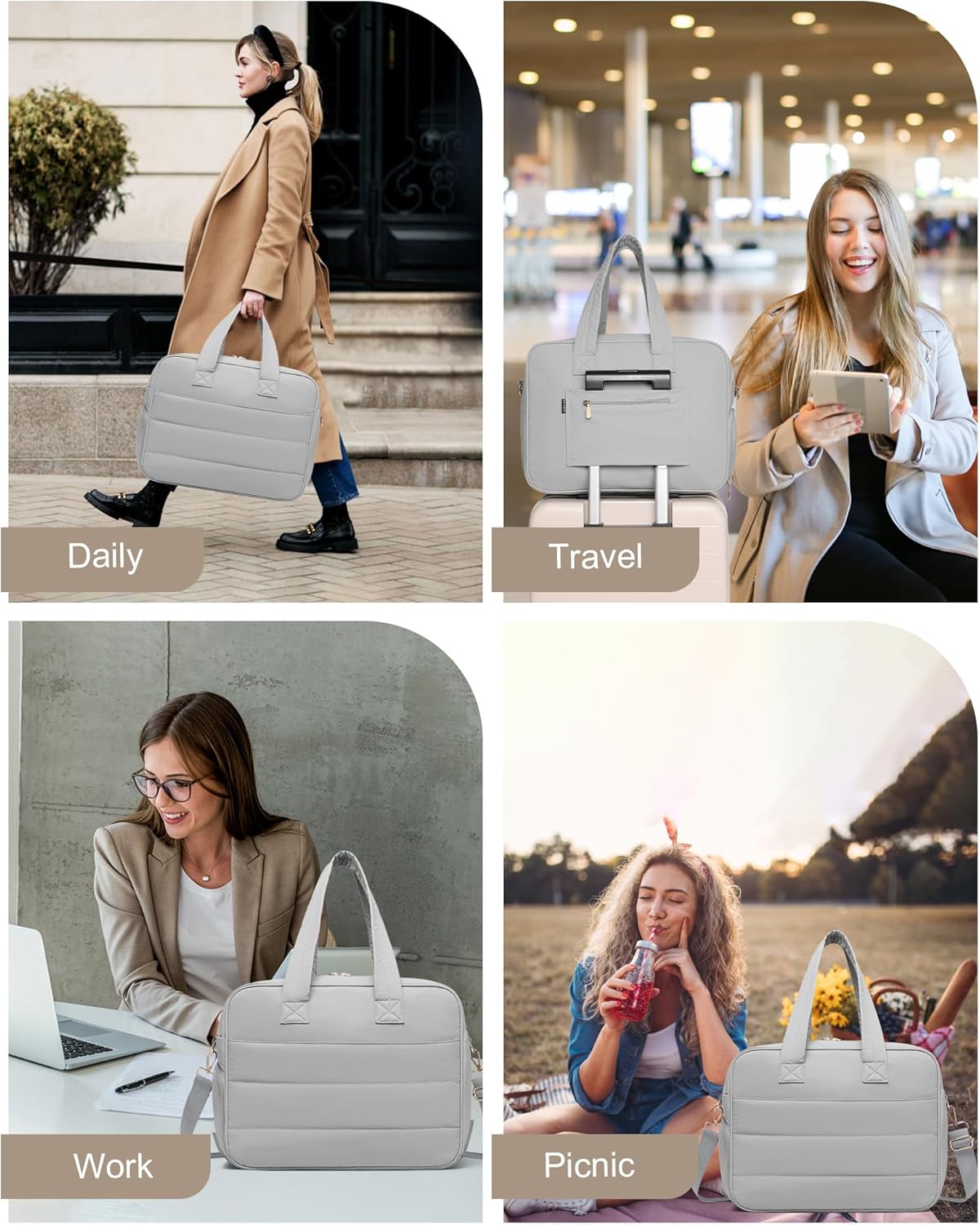 Lunch Tote Bag for Women Work, 17.3 Inch Laptop Purse with Insulated Lunch Compartment Coin Wallet for Meal, Large Puffy Quilted Travel Duffle Bag - Image 2