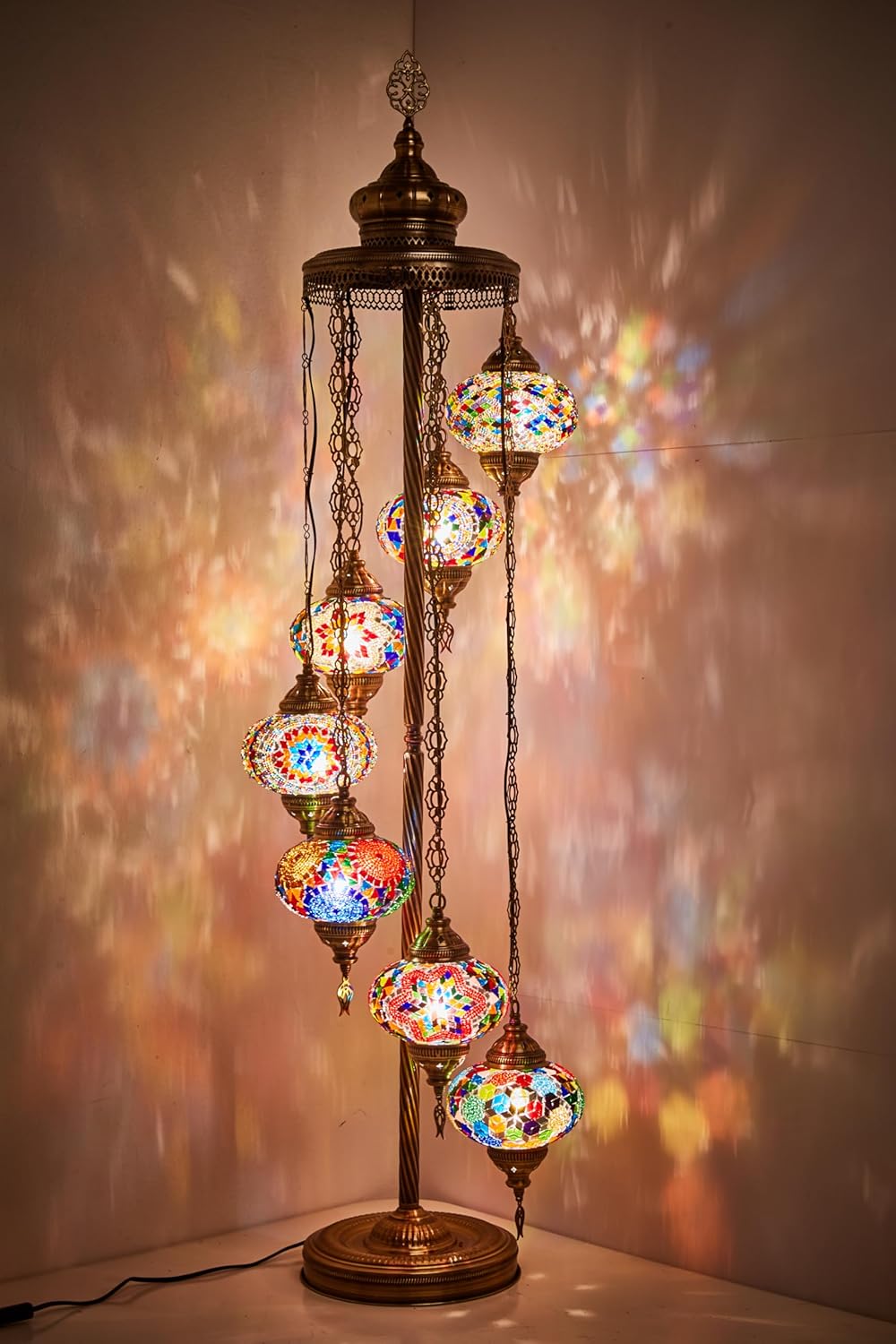 DEMMEX - 7 Large Globes Turkish Moroccan Mosaic Floor Lamp, Tiffany-Style Bohemian Standing Lamp, 5-Foot Tall, 7-Inch Handcrafted Globes, Boho Floor Lamp for Living Room, Bedroom, Office, Multicolor