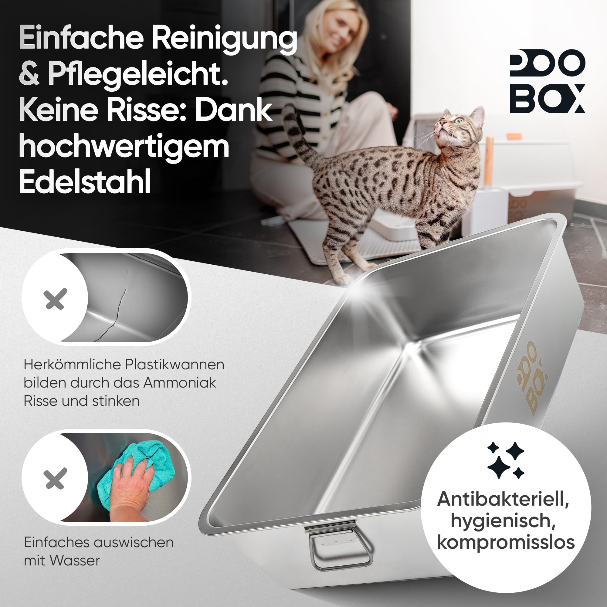 Katzenklo Edelstahl mit Deckel, 60x40, grau, auslaufsicher, Zubehör | 3-in-1 Katzentoilette geschlossen offen, Geruchsfilter, Hop in, Schaufel, Matte und Stufe, geruchsarm, hoher Rand