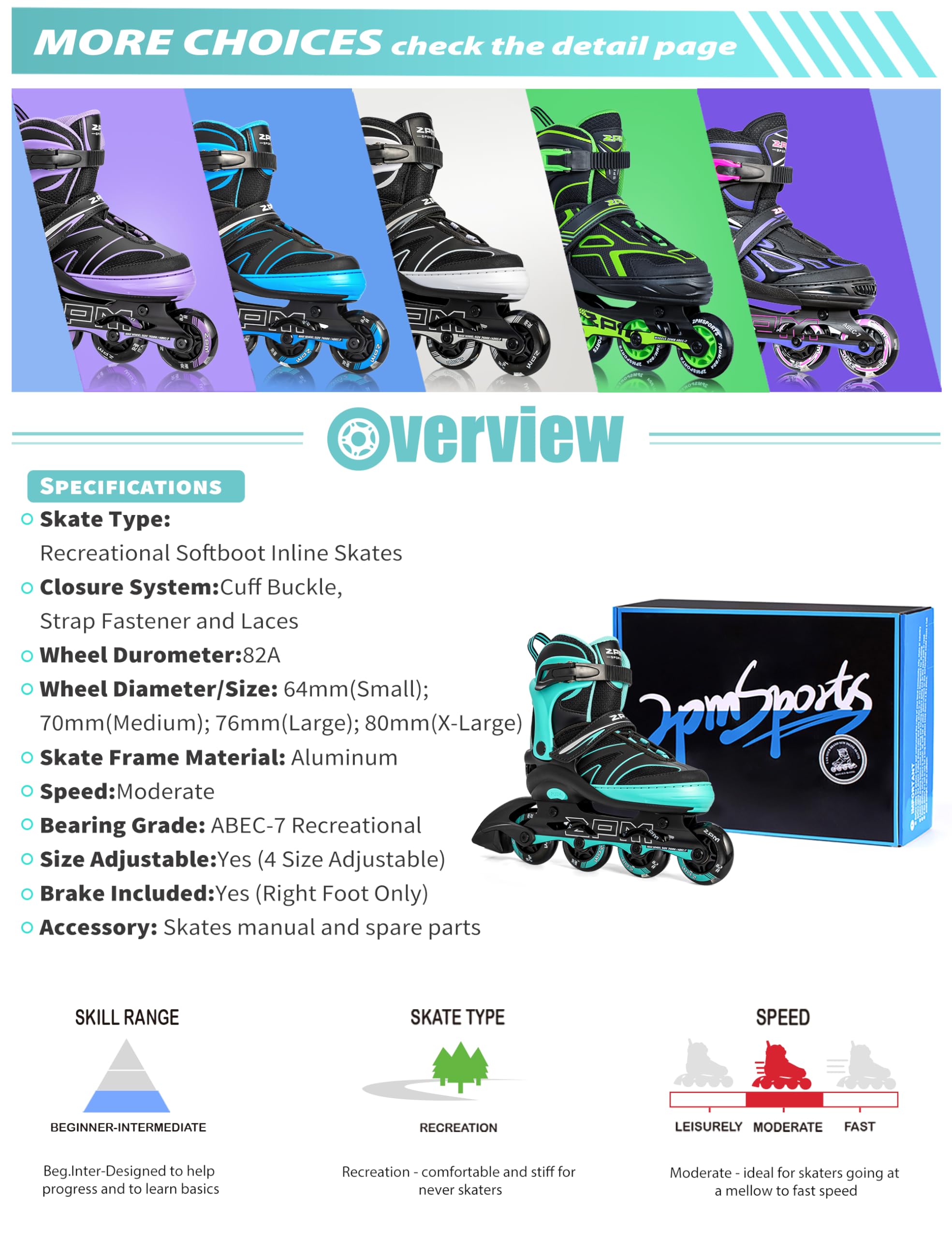 2PM SPORTS Regulable Patines en línea para Hijo para niños y niñas con Ruedas de PU 82A — view 4