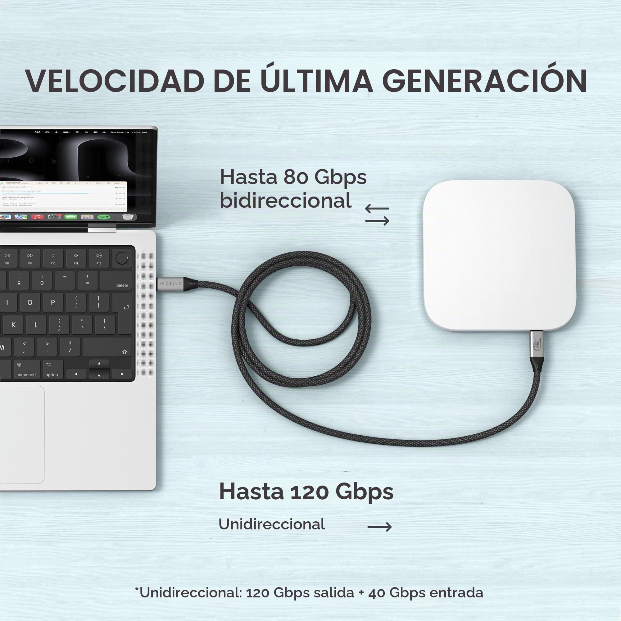 SATECHI Cable USB4 V2 Pro de Carga Rápida PD 240 W con Longitud de 1,2 m, Datos 120 Gbps, USB-C a USB-C, Resolución 8K@60Hz - 4K@120Hz, Thunderbolt 5/4/3 para MacBook Air/Pro/Neo y más