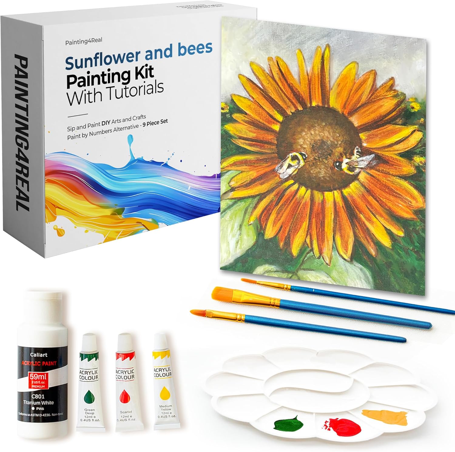 Painting4Real DIY Art Painting Kit for Adults with Video Tutorials – Learn to Paint Sunflower and Bees, 9 Pieces Acrylic Paint Set for Adults, Perfect Holiday & Birthday Gift for Art Lovers, Beginners