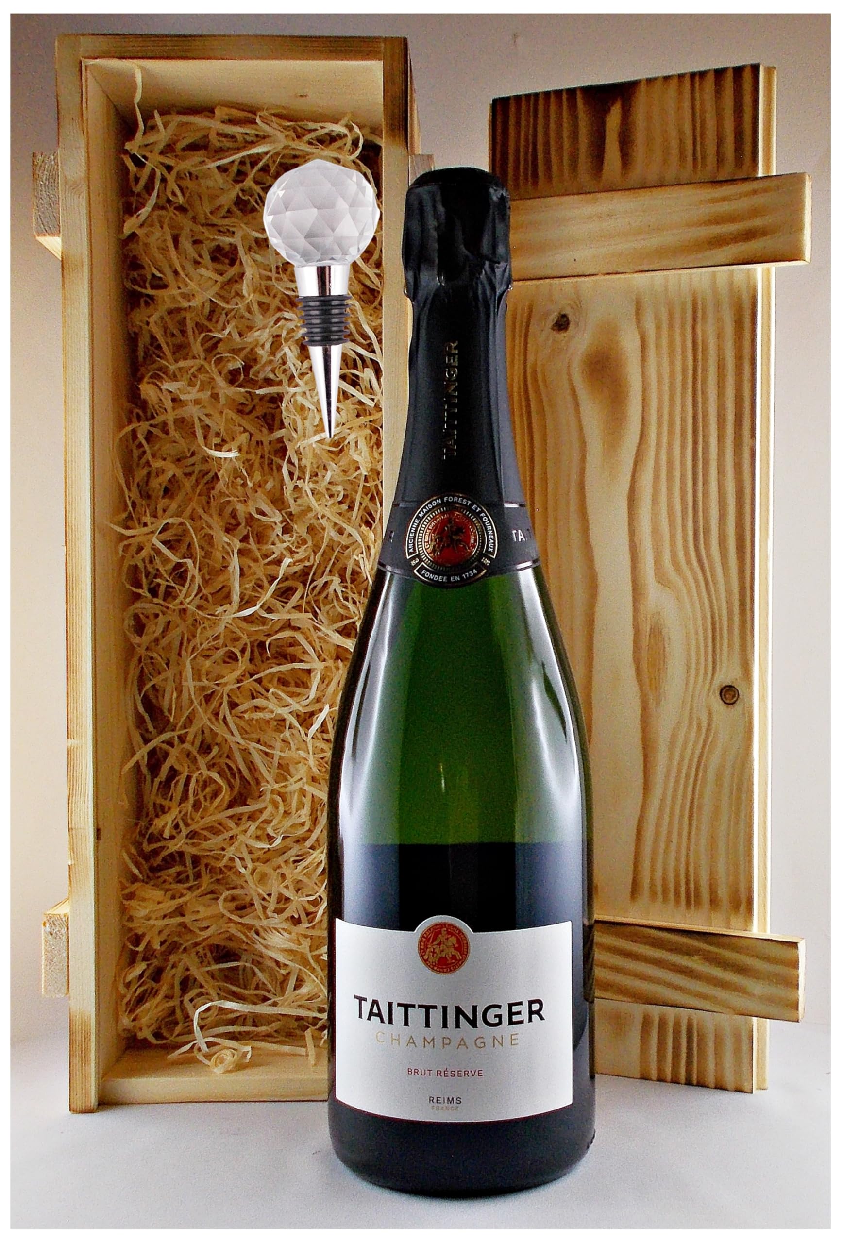 Taittinger Brut Champagner + Flaschenverschluß Geschenk in geflammter Holzkiste Geschenkset Frauengeschenke Männergeschenke Schaumwein