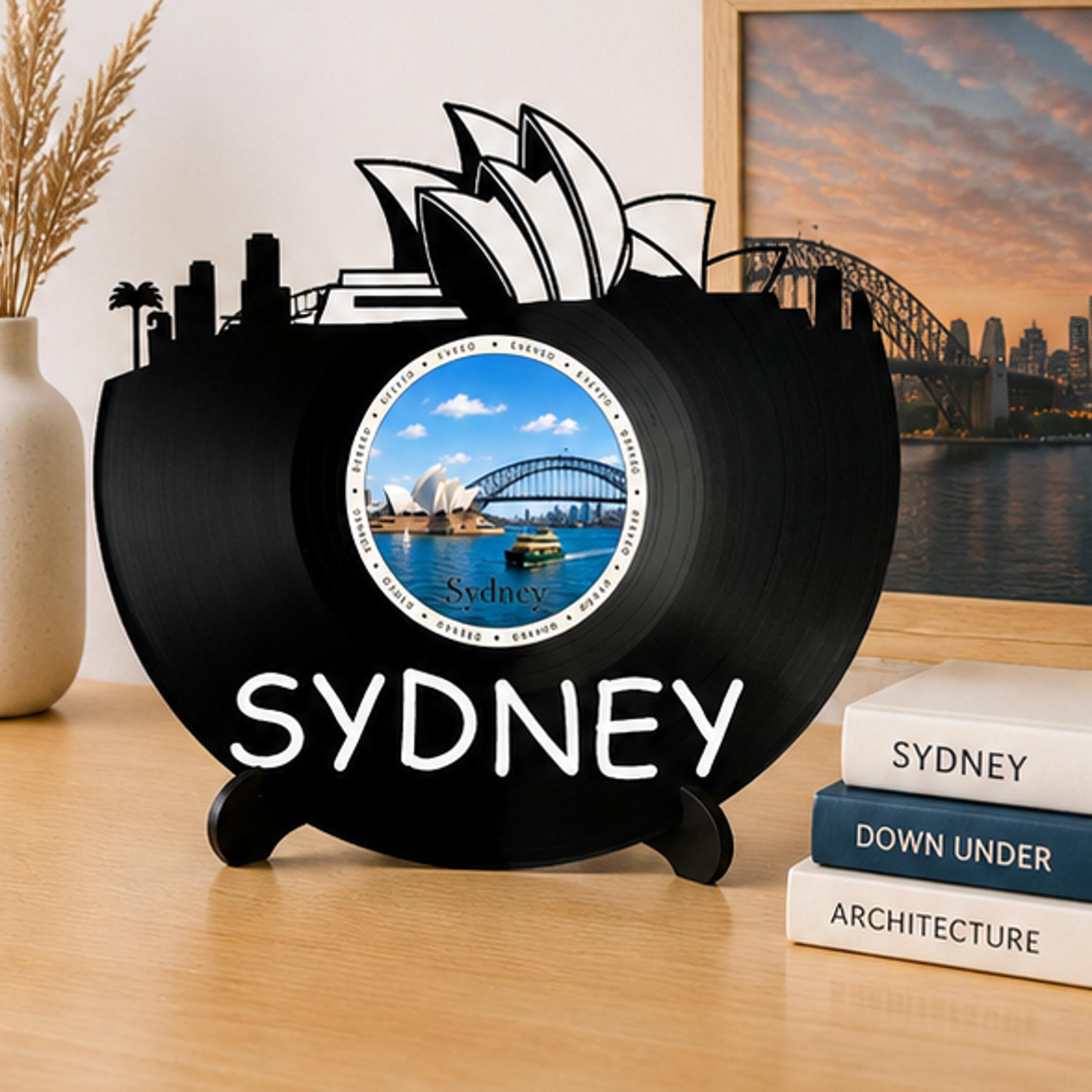 EVEVO D0029 - Decorazione da parete a forma di disco di Sydney, in vinile, motivo skyline australiano, idea regalo per i globuristi e i fan dell'opera