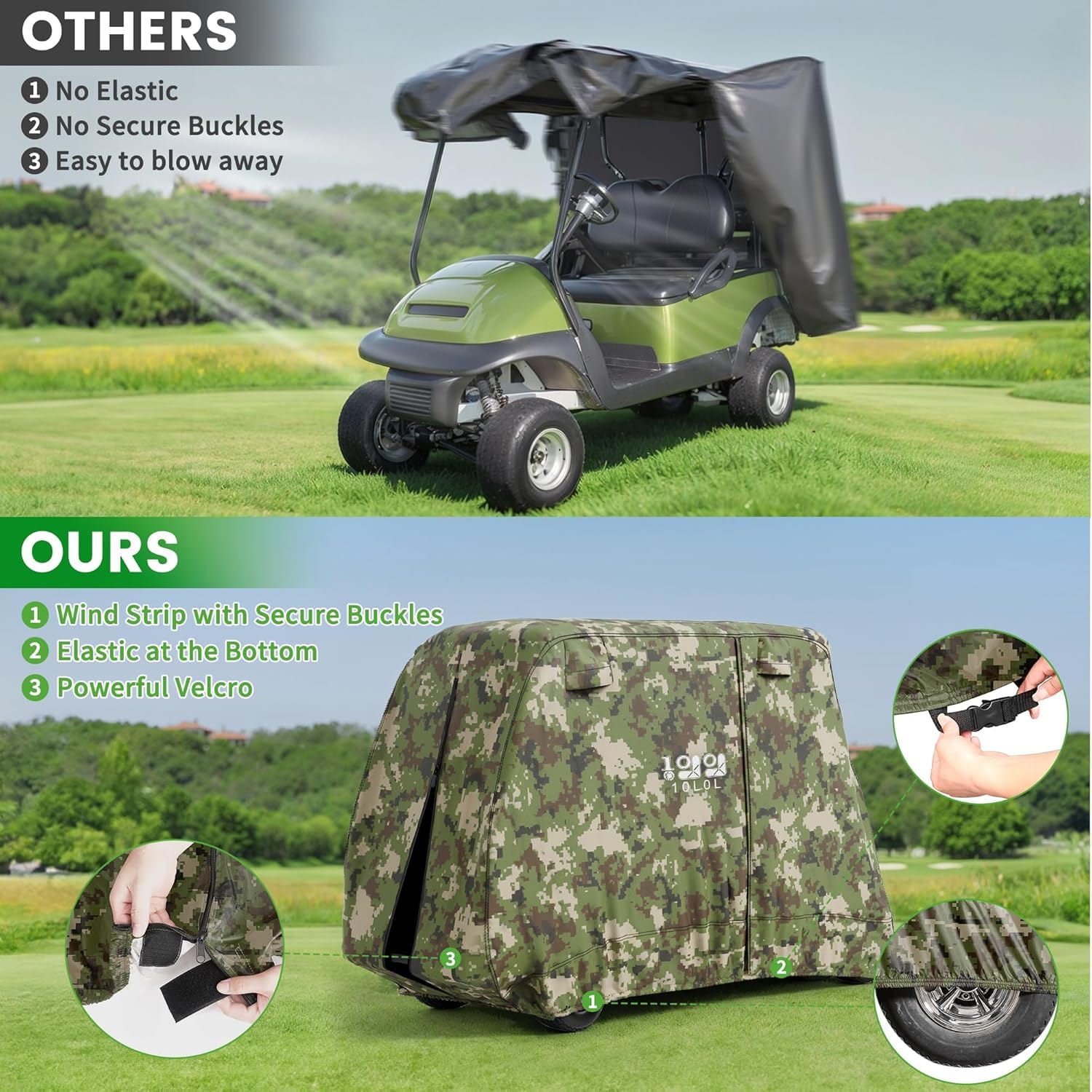10L0L Housse de chariot de golf pour 4 + 2 passagers, convient pour Yamaha EZGO, Club Car, housse imperméable en polyester 420D avec trois portes à fermeture éclair, coupe-vent et solaire, camouflage