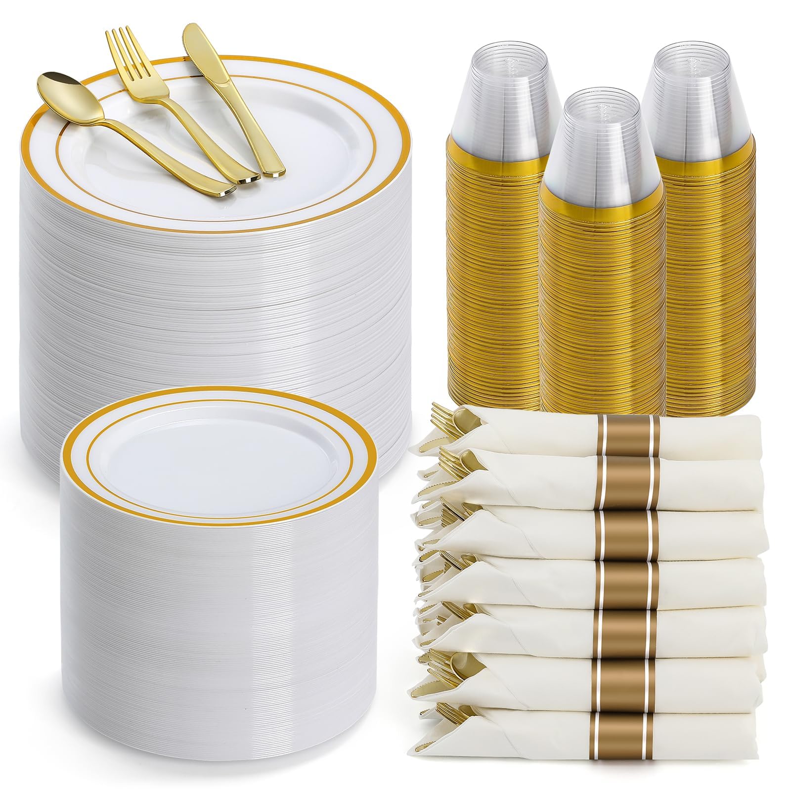 420pcs Gold Dinnerware Set for 60 Guest, Includes Plastic Plates, Salad Plates, Pre Rolled Napkins with Gold Silverware Set and Plastic Cups - Disposable Plastic Cutlery Set for Party Wedding Birthday