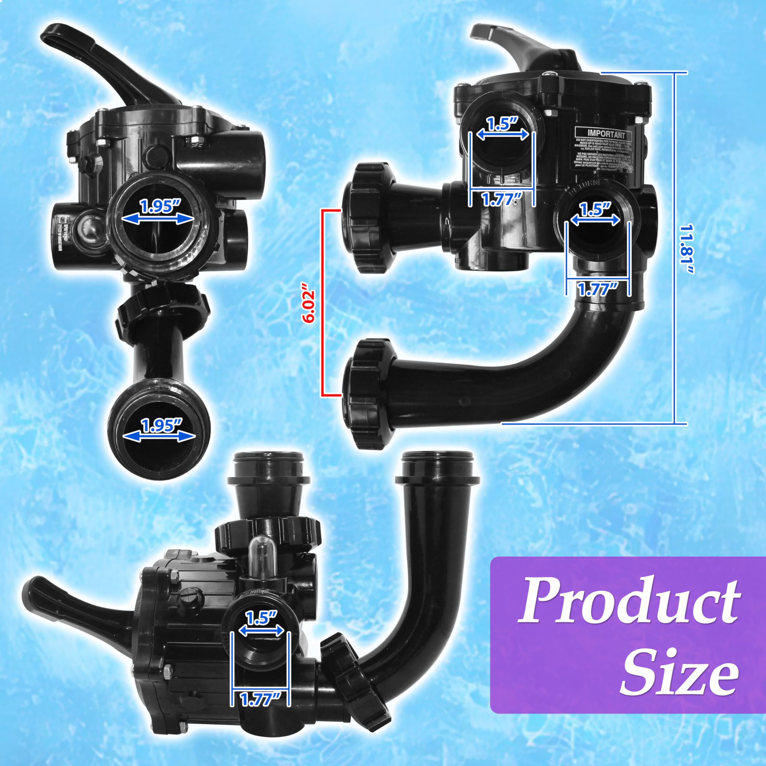 SP0710X62 Válvula de múltiples puertos compatible con filtro de arena Hayward Pro-Series para montaje de válvula de control de 1-1/2 pulgadas 6 Pos, con calibre, negro