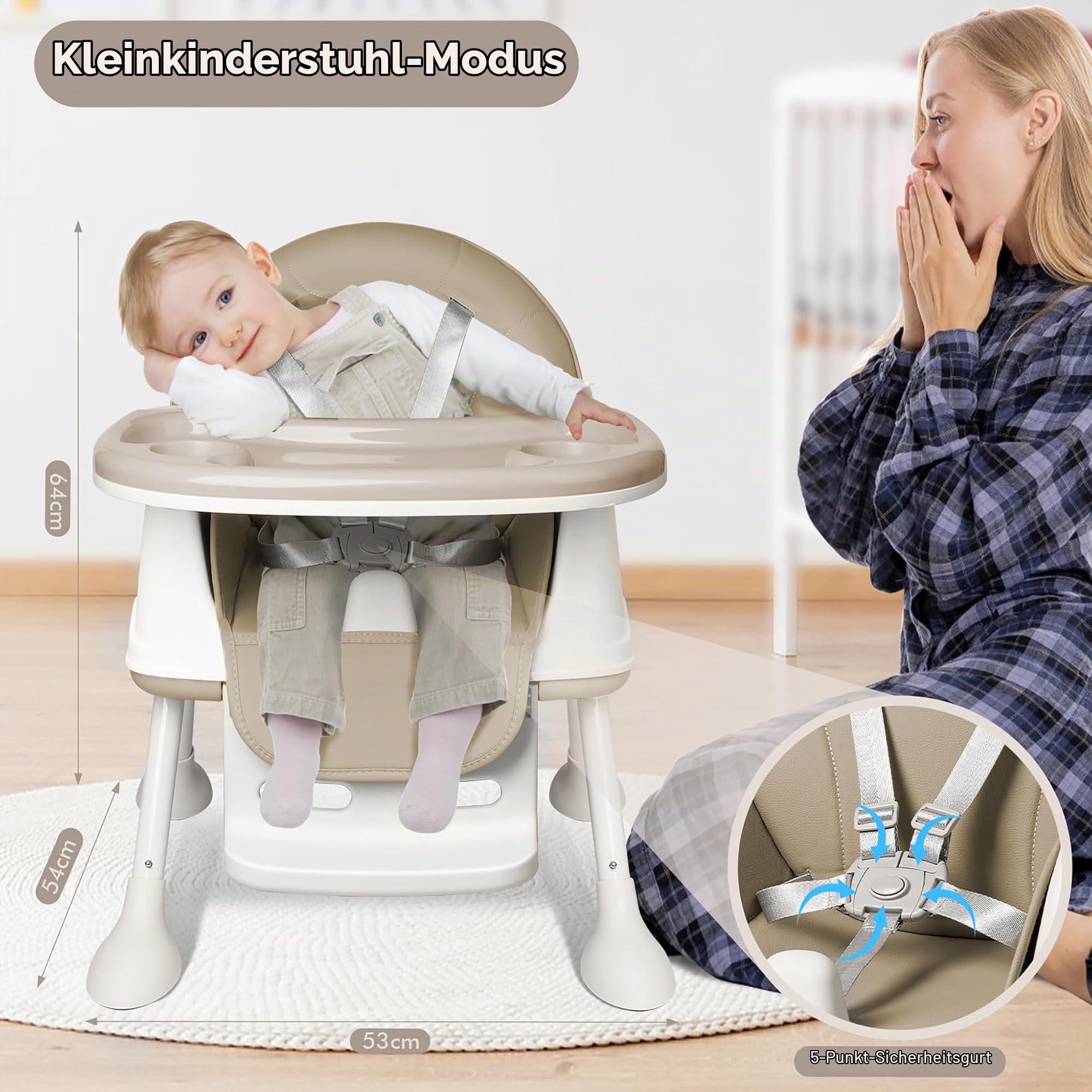 UISEBRT 3-in-1 Kinderhochstuhl, Klappbarer Baby Essstuhl mit Höhenverstellung, Verstellbarem Doppeltablett, Rollen und Abnehmbarem Sitz, Kombihochstuhl für Zuhause und Unterwegs, Beige