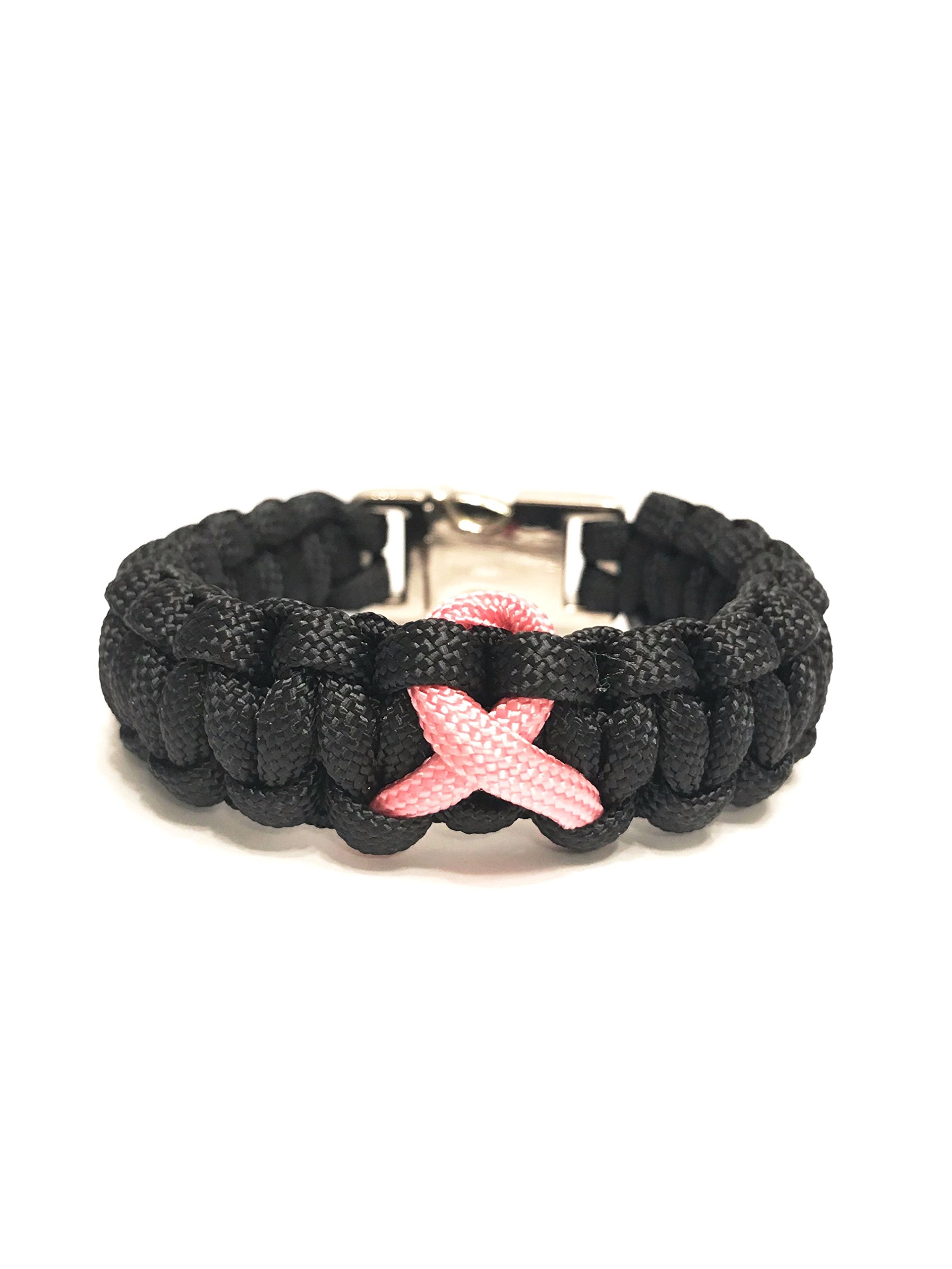 Tru550 Breast Cancer Awareness Pink Ribbon Fitted Black Paracord Survival Jewelry Bracelet (Size 7.5)