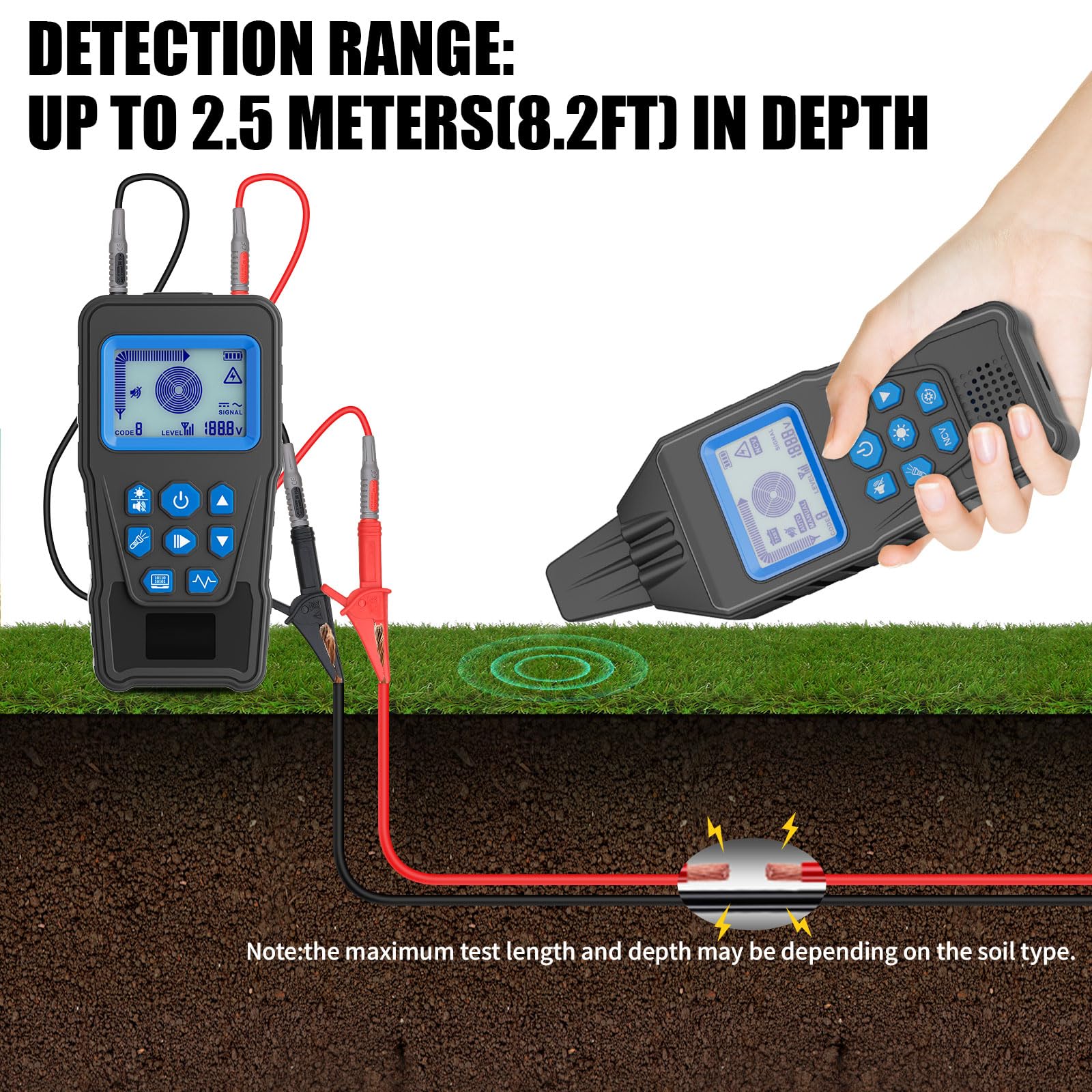 U630 Localizzatore di cavi sotterranei, distanza di rilevamento della linea digitale 2.5 metri, rilevatore di rottura del tracciamento, per circuiti elettrici, condotte, recinti per cani