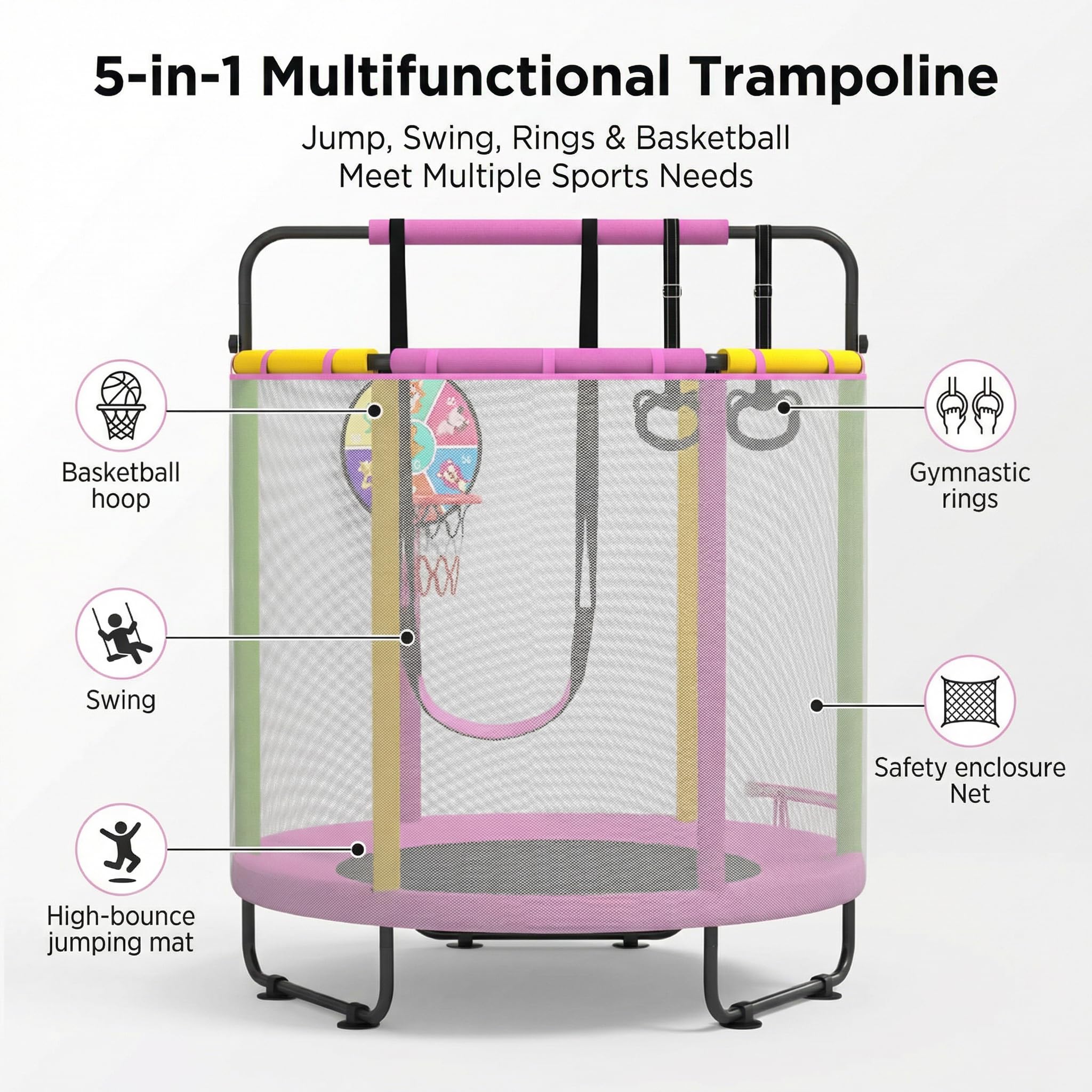 Trampolín para niños, trampolín ajustable para bebés con aro de baloncesto, trampolín para interiores y exteriores, adecuado para regalos de cumpleaños