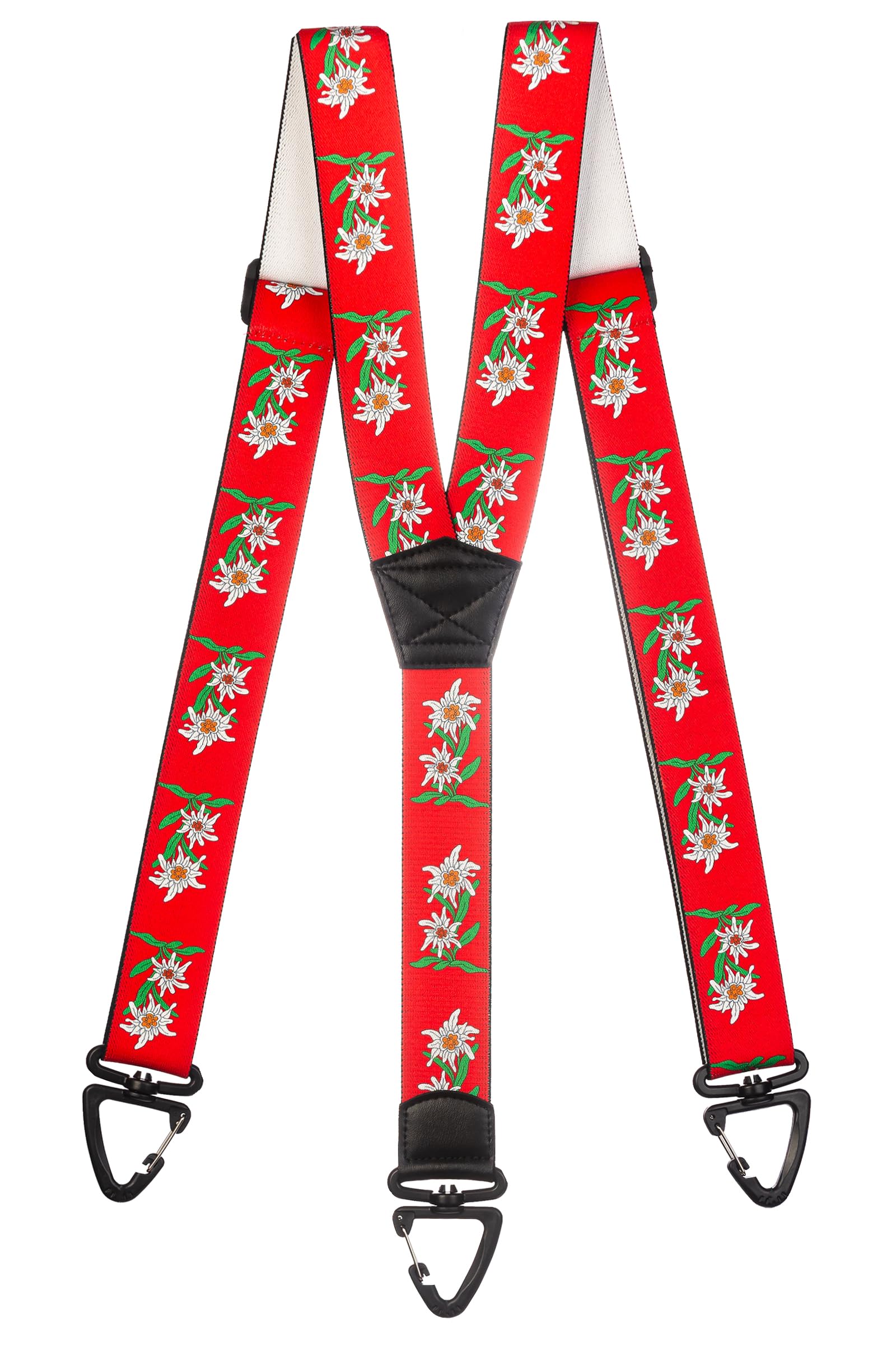 Olata Men's Red Heavy Duty Y-Shape Braces/Suspenders With Edelweiss Pattern And Plastic Carabiner Clips - 4Cm.
