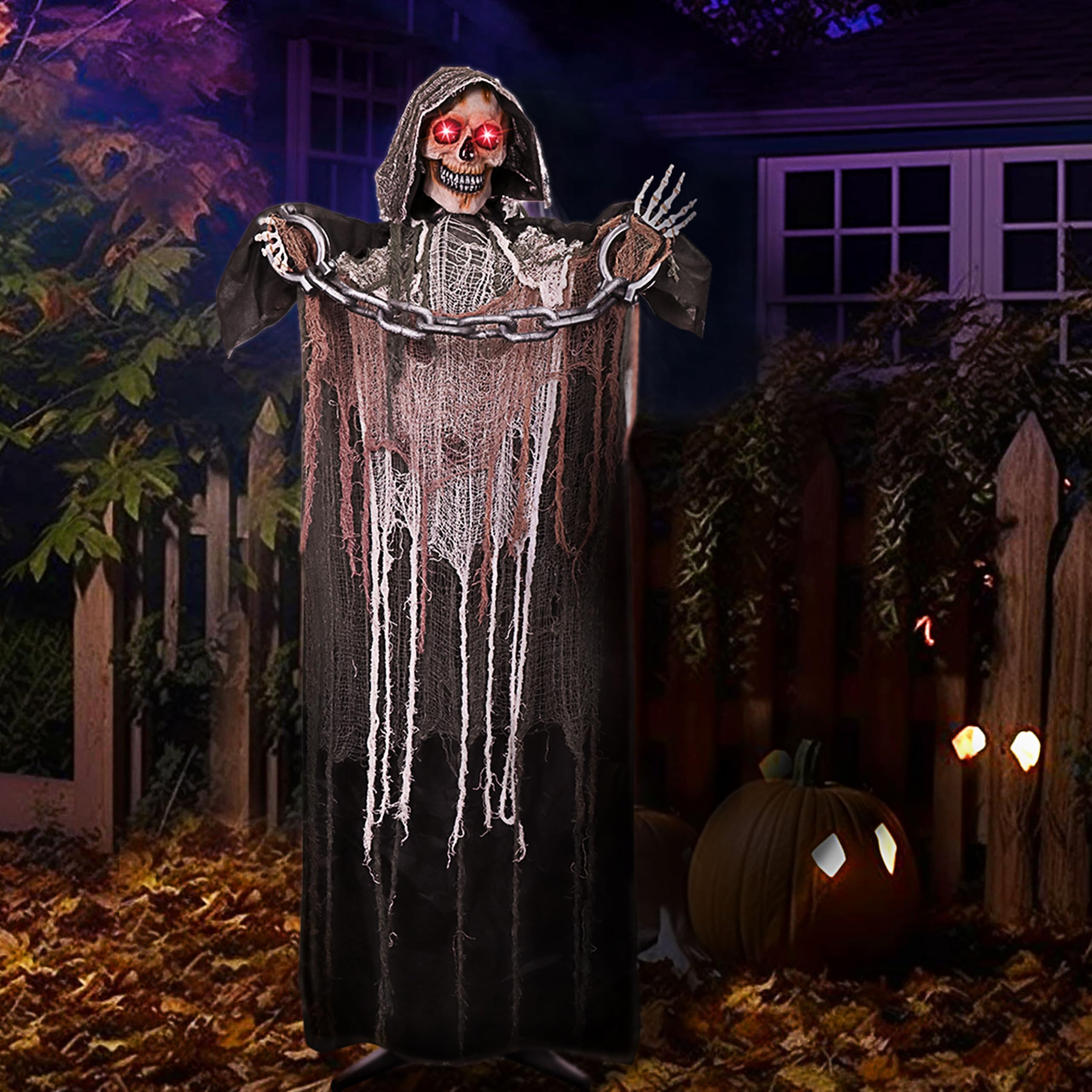 Décoration animée de la Faucheuse d'halloween, 175 cm, avec chaîne, Squelette Grandeur Nature avec Yeux Lumineux, Son Effrayant (activé par Le Son).