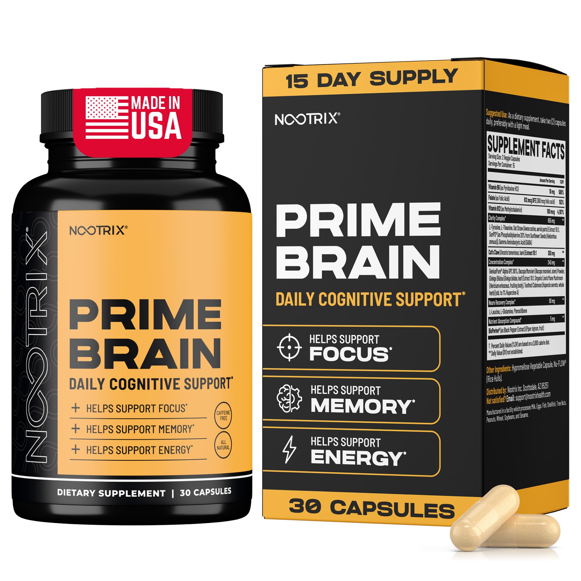 Prime Brain Nootropic Supplement | Supports Memory, Mental Focus, Cognitive Health & Energy | Promotes Healthy Mood & Brain Function | Ginkgo Biloba, Lion's Mane & L Theanine | 30 Capsules