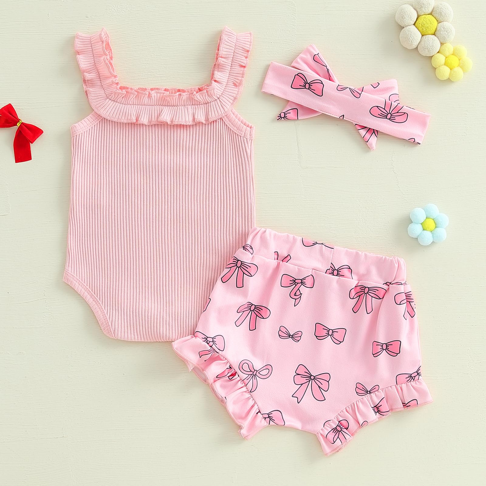 Baby Girl Clothes Summer Sleeveless Rib Knit Romper Bow Print Shorts Headband Set 0 3 6 12 18 Months (Pink, 3-6 Months)