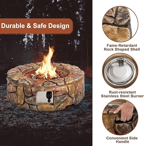 Miniatura 3 de DORTALA - Hoguera redonda de propano para exteriores, hoguera de 28 pulgadas de 40,000 BTU con piedras de propano y lava, cubierta de PVC,