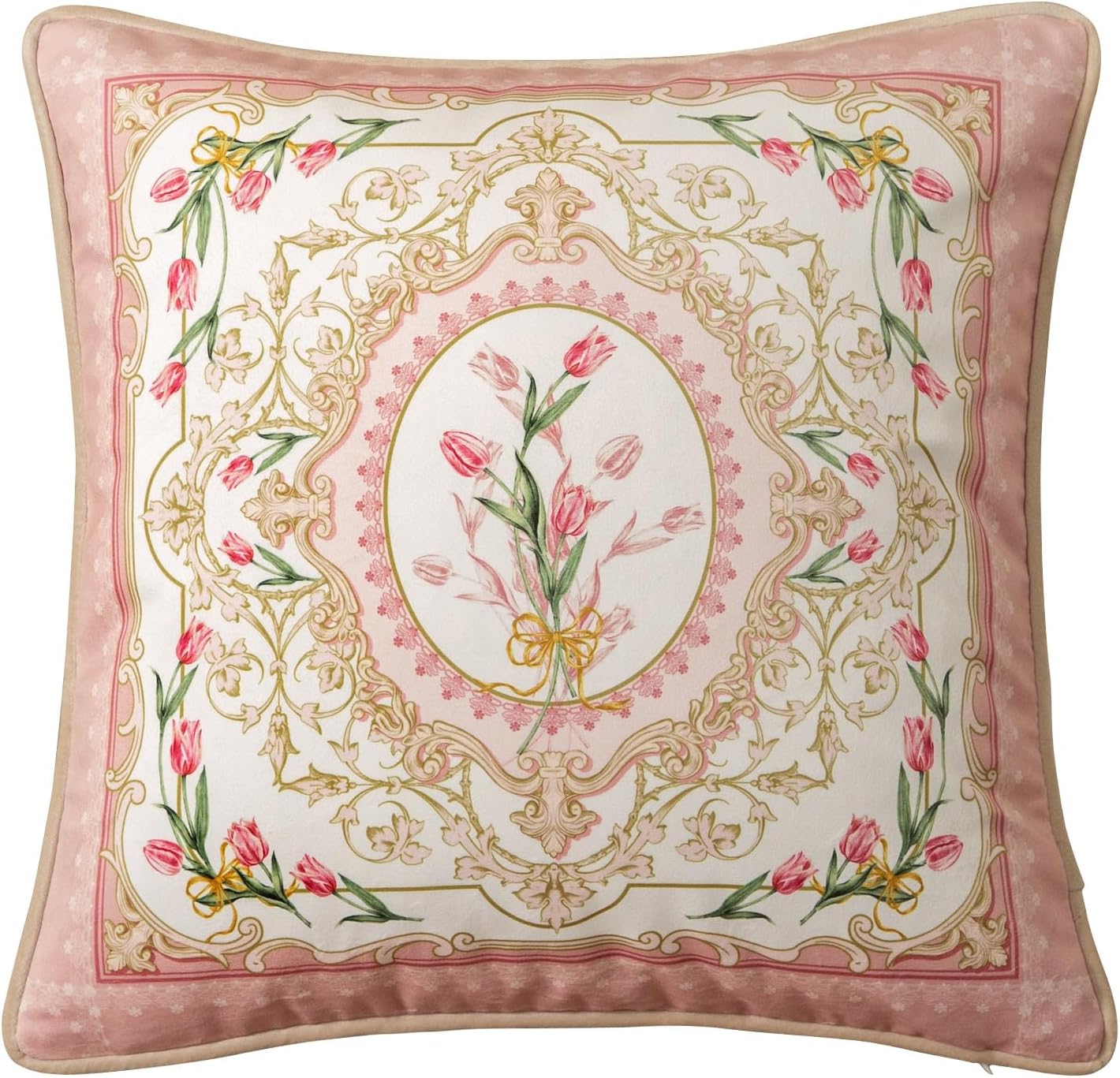 Floral Throw Pillow Covers, Velvet Euro Shams Decorative Light Pink Throw Pillows 18x18 for Couch Sofa Bed, Pink Tulip