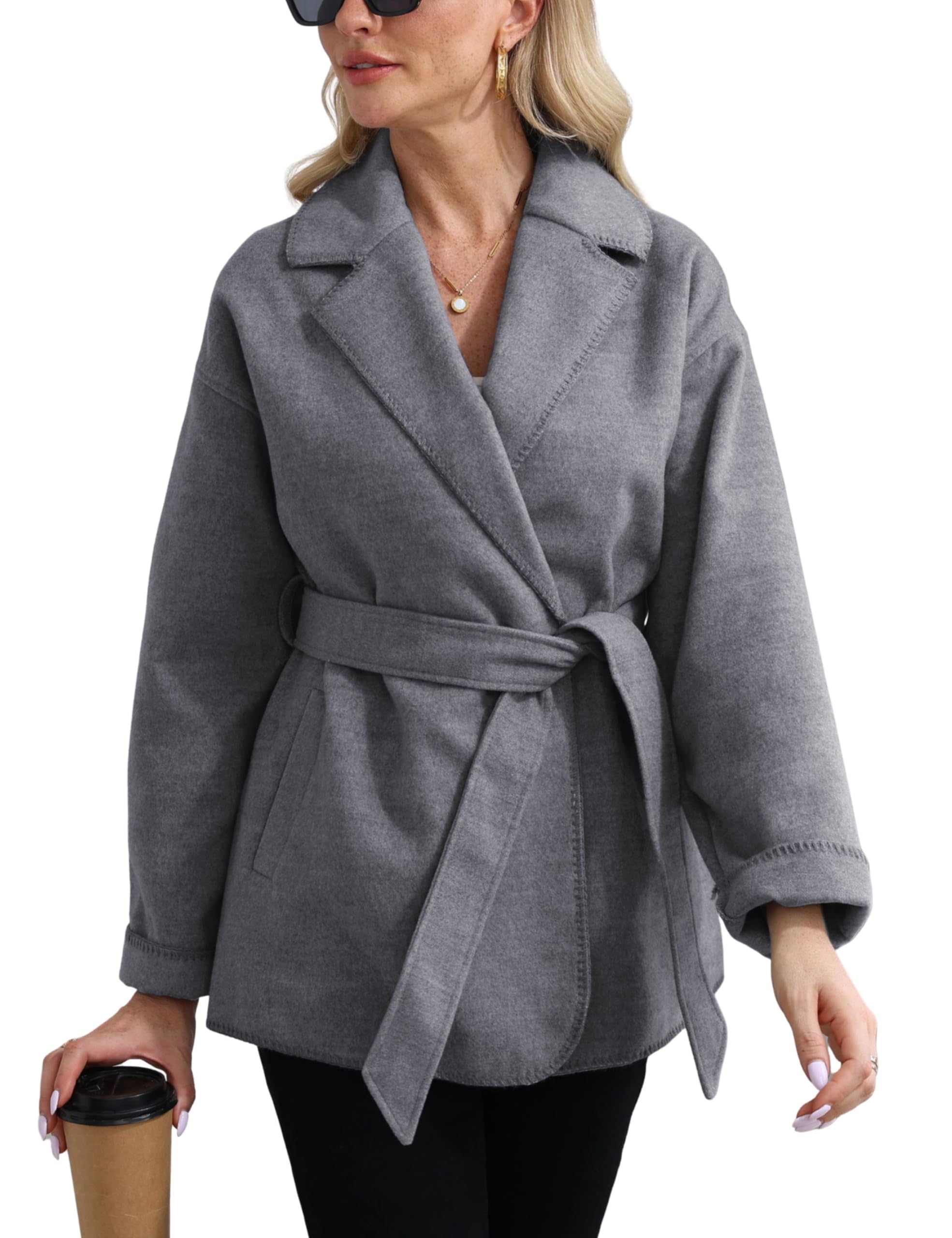 SeekMe Womens 2025 Peacoat Open Front Belted Notch Lapel Long Sleeves Trench Coat Fall Winter Overcoat