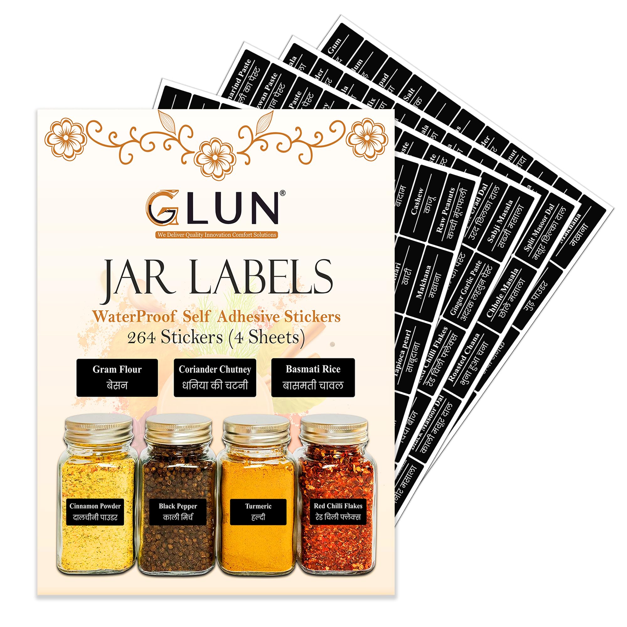 GLUN 264 Pre-Printed Vinyl Stickers Waterproof, Non-Tearable Glossy Labels for Kitchen Pantry, Spice Jars & Glass Bottles 25X50Mm, All Categories Included, 264 Labels