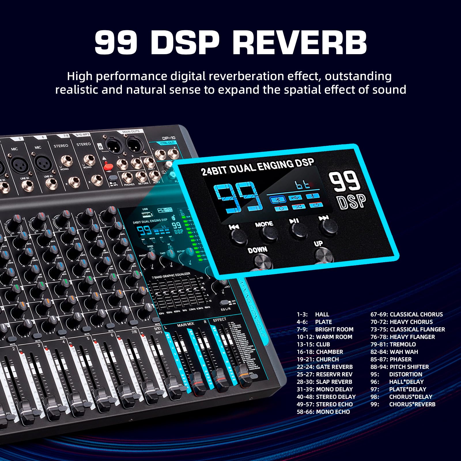 DP-10 Mezclador de audio Controlador DJ Mezclador de grabación de reverberación 99 DSP de 10 canales con Bluetooth,Compatibilidad Universal