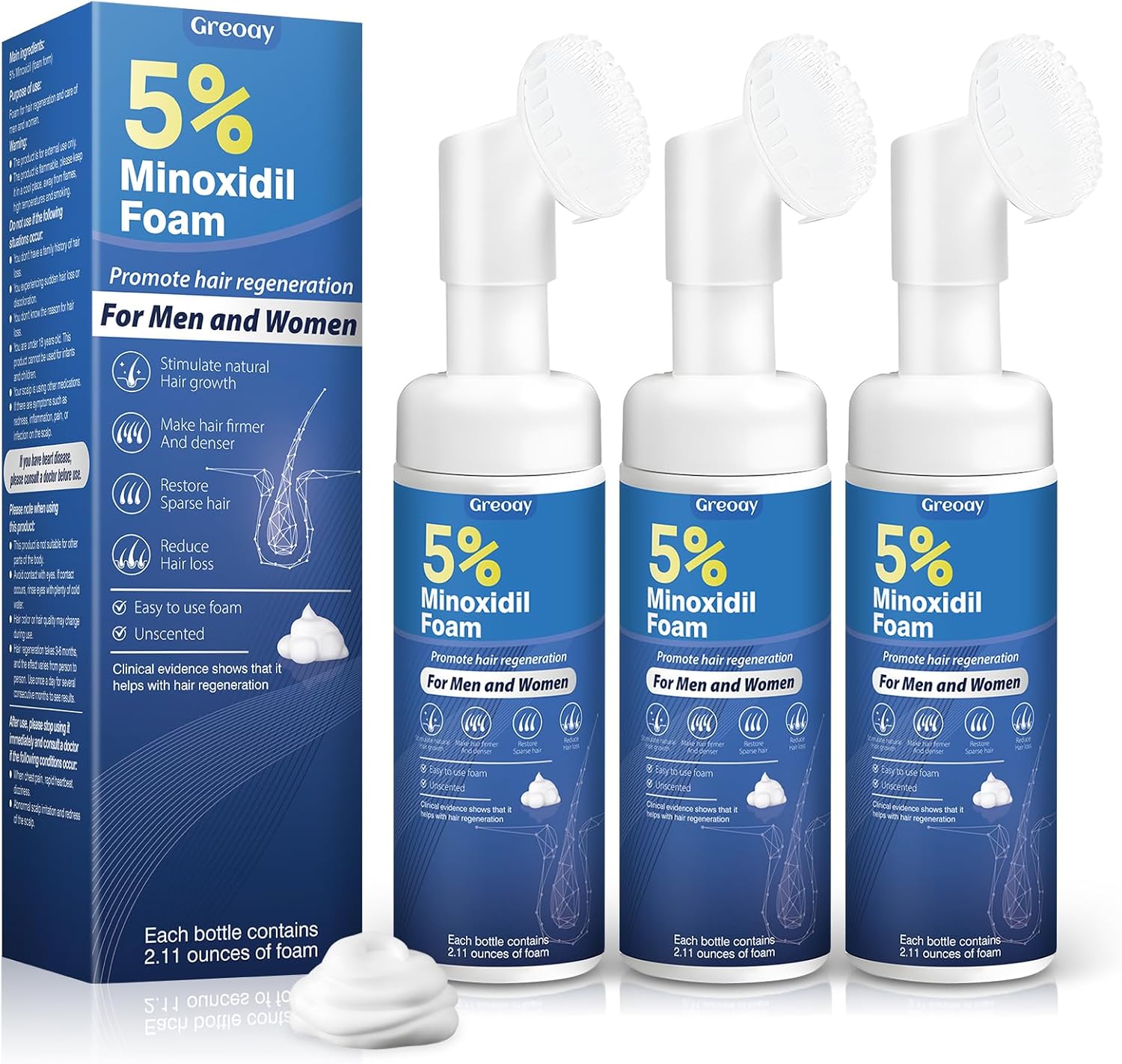 5% Minoxidil Hair Growth Foam Men and Women Suitable for Hair Thinning Receding Hairline and Hair Loss to Hair Regrowth Get Thicker Fuller Hair for Women and Men 3 Bottles 2.11 Ounces Each