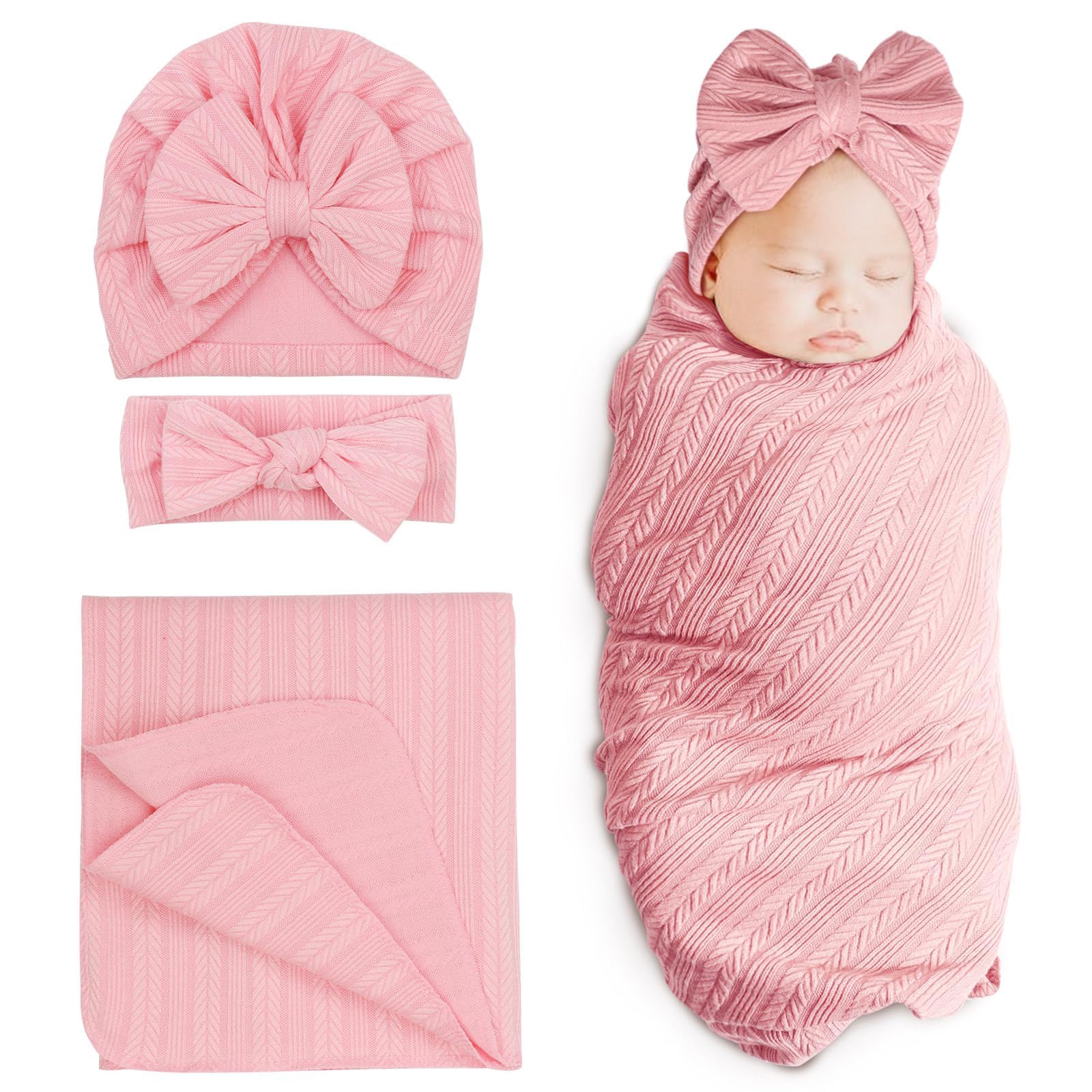 DRESHOW Newborn Receiving Blanket Toddler Warm for Girls with Matching Bow Hat and Bow Headband