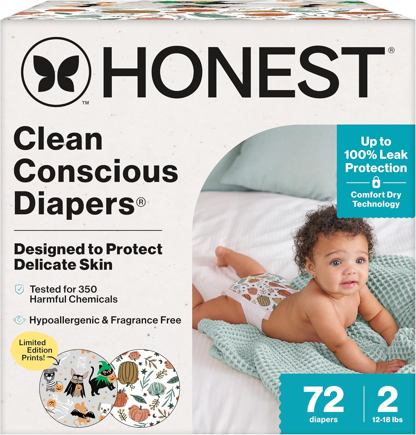The Honest Company Clean Conscious Diapers for Delicate Skin | Up to 100% Leakproof | Hypoallergenic, Fragrance Free | Fall '25 Limited Edition Prints | Club Box, Size 2 (12-18 lbs), 72 Count Size 2 (72 Count)