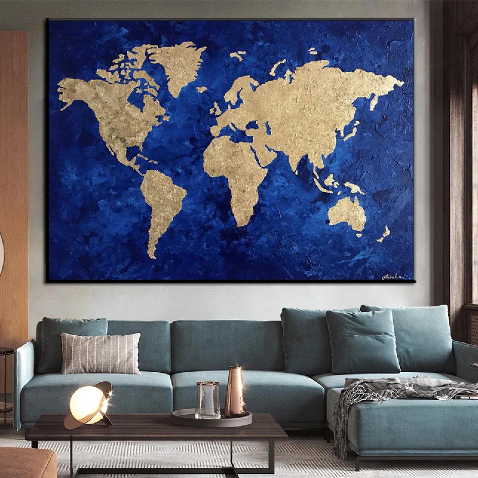 RVCKVS Abstrakt Blau Gold Weltkarte Gemälde Leinwanddruck Weltkarte Poster Wandkunst Bild Klassenzimmer Kinder Schule Büro Dekor 70x110cm Rahmenlos