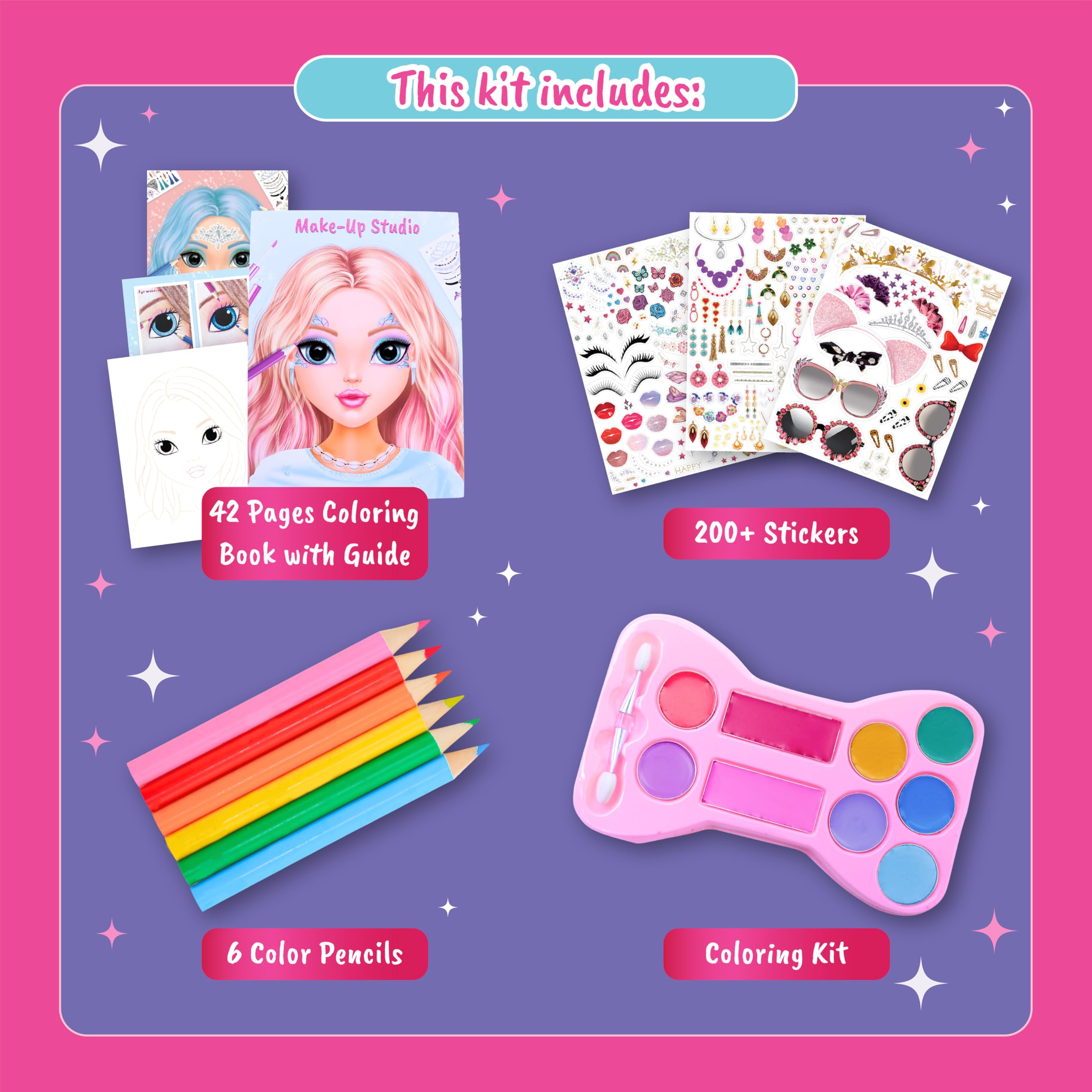 BSCOOL Libro da studio di trucco per bambini con colorazione, adesivi e tavolozza