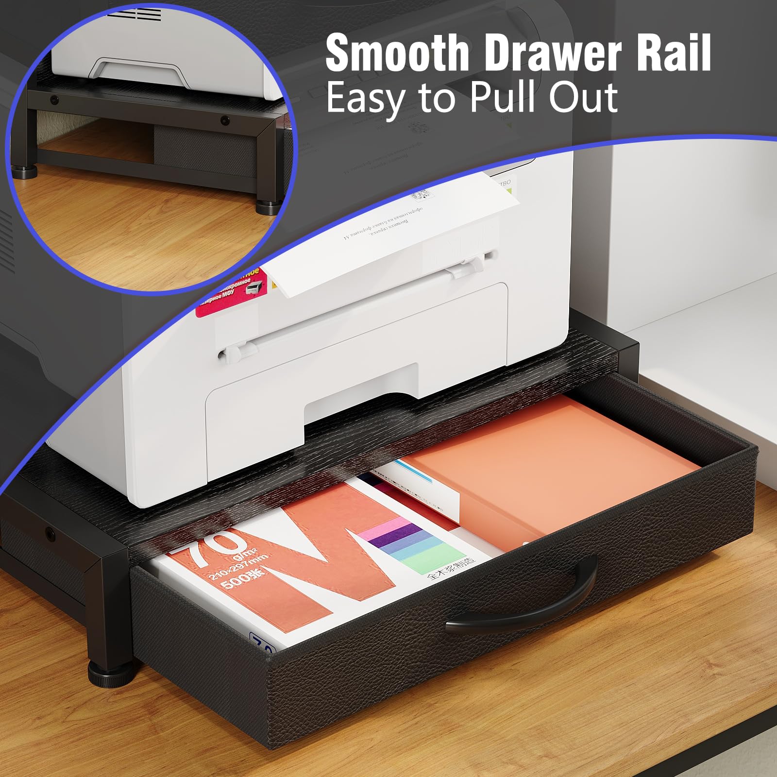 VENNQD Support d'imprimante de bureau à 2 niveaux avec 2 tiroirs en tissu, table Prtiner avec étagère de rangement, organiseur de bureau pour bureau à domicile, imprimante 3D, télécopieur, scanner