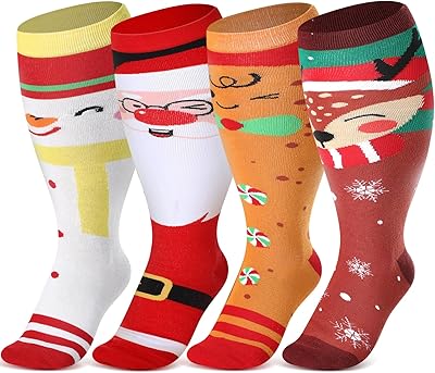 Geyoga 4 Pairs Christmas Plus Size Compression Sock Wide Calf for Women Men 15-25 mmHg Extra Large Size Knee Support Sock