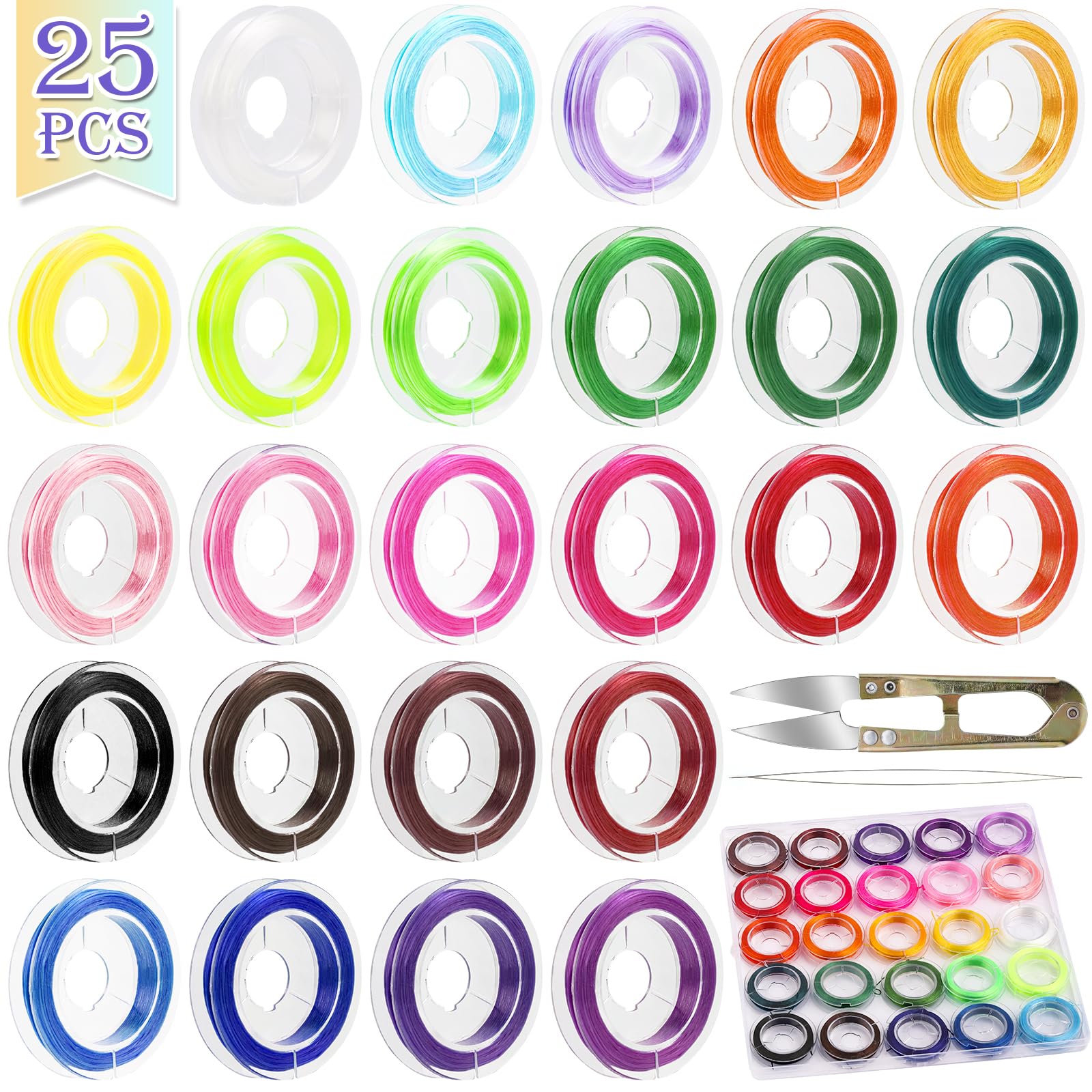 XSEINO 25 Roll 0.8mm Flat Elastic String Cord, 25 Color High Stretch Beading Elastic String for Bracelets Necklace Jewelry Making, Stretchy Thread Cord for Clay Beads, Crystal & Pony Beads