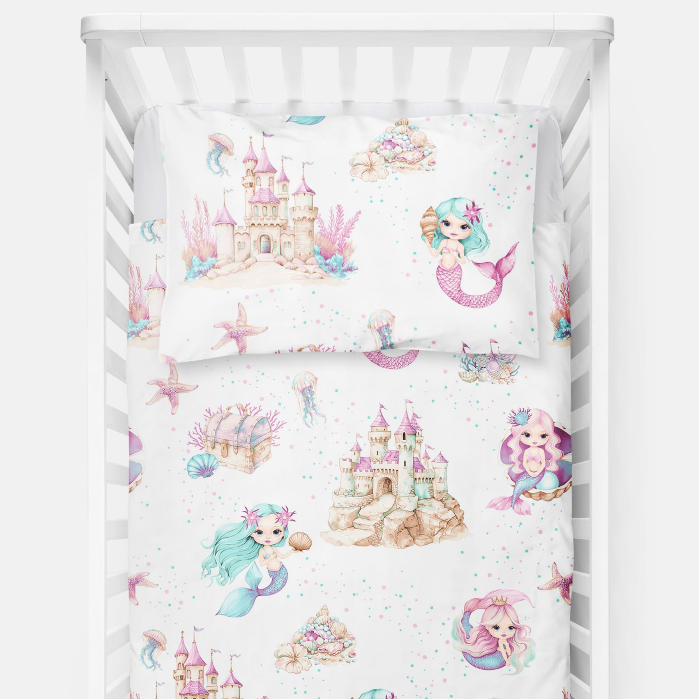 Baby Comfort 4 Piece Toddler Kids Cot Bed Set 120x90 cm Duvet Pillow Duvet Cover Pillowcase 12M+ (Mermaid)