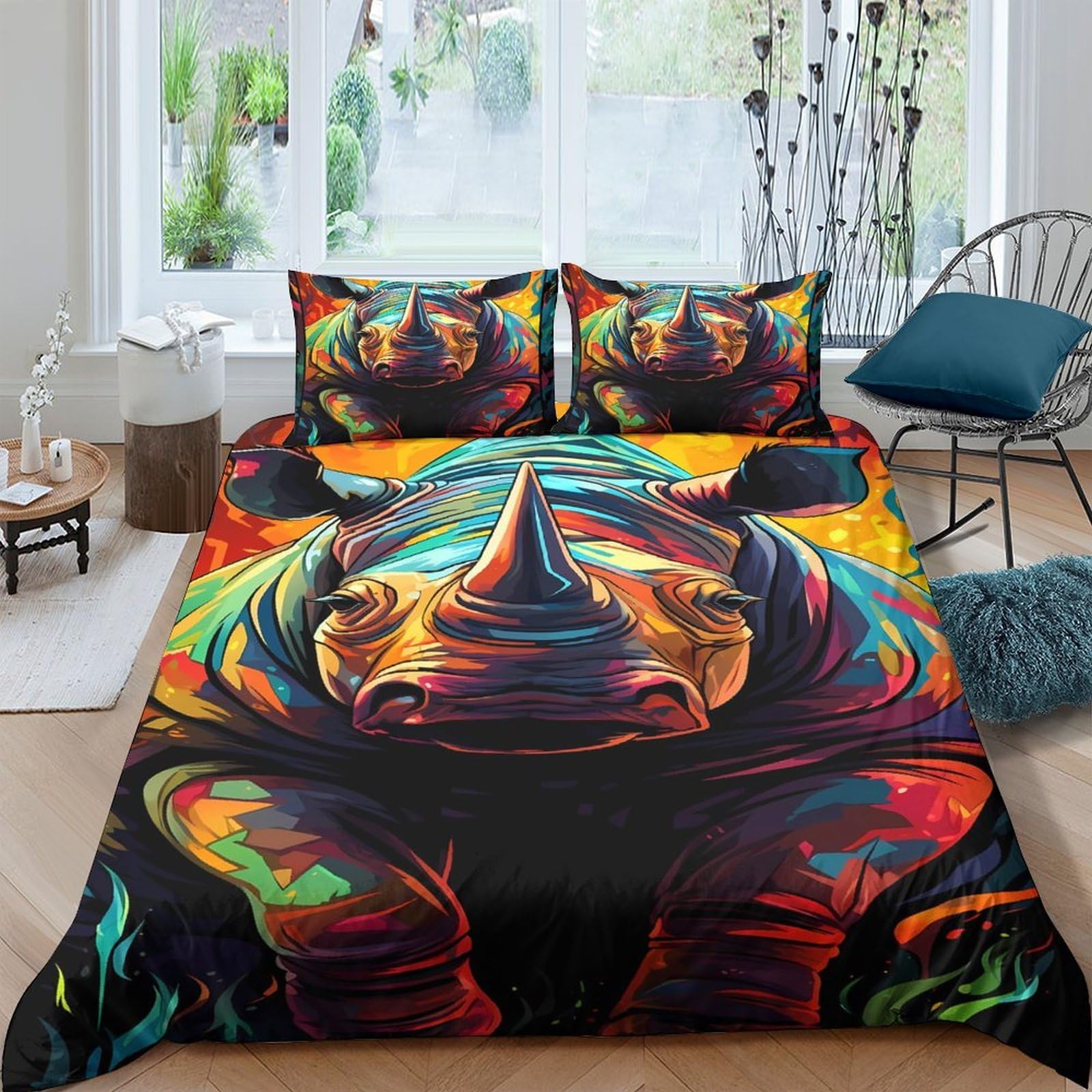 Ctjqhvkz Style-4 3D Printed Vibrant Rhino Fitted Sheet Microfiber Anti-Slip Artistic Bed Cover For Bedroom Dorm Mattress Protection Decor Single（135X200cm）