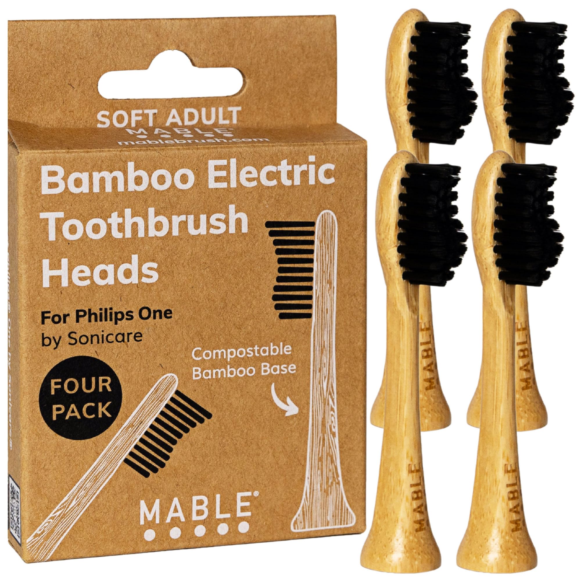 Bamboo Electric Toothbrush Heads | Compatible with Philips One Electric Toothbrush | 4 Brush Heads with Soft Bristles | Plant-Based Adult Size