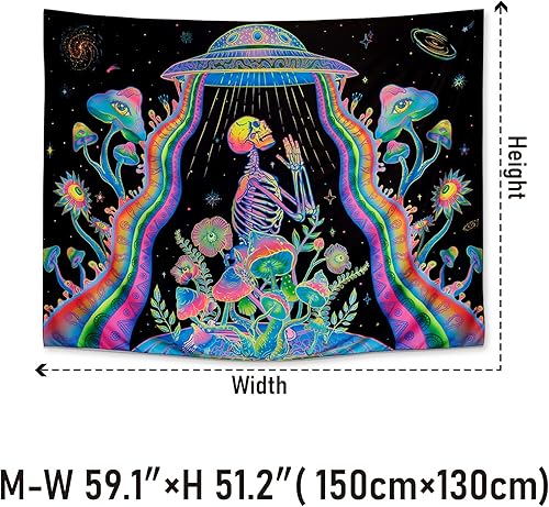 Miniatura 4 de Galoker Tapiz de esqueleto de luz negra tapiz floral de hongos trippy reactivo a los rayos UV tapiz de OVNI para colgar en la pared para decoración