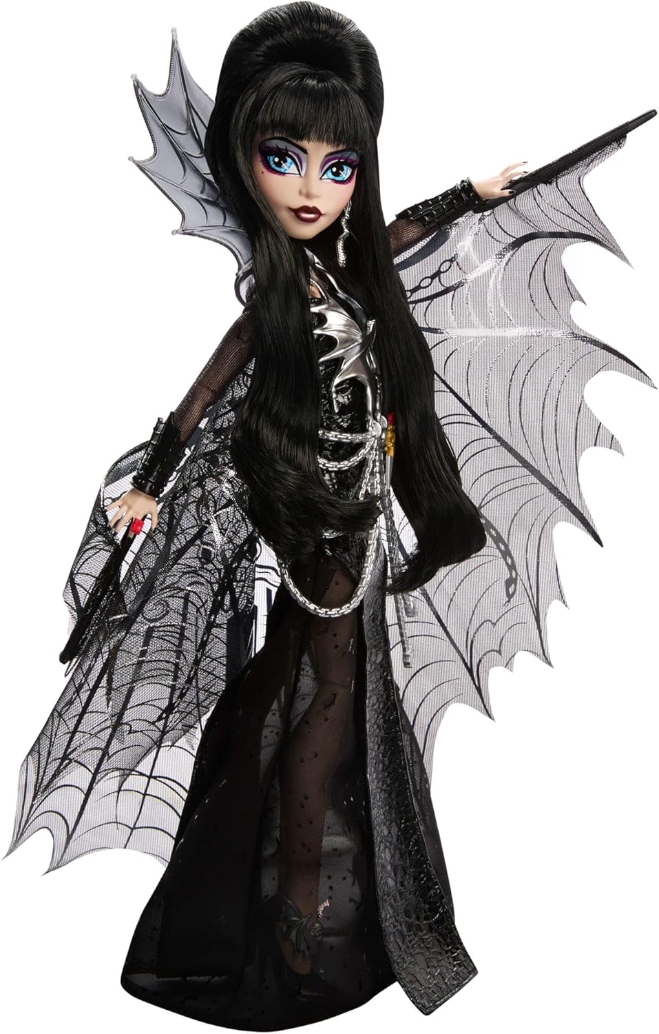 Monster High Doll, Elvira, Mistress of The Dark Collectible in Black Faux Leather Dress with Silvery Batwing Cape and Premium Accessories