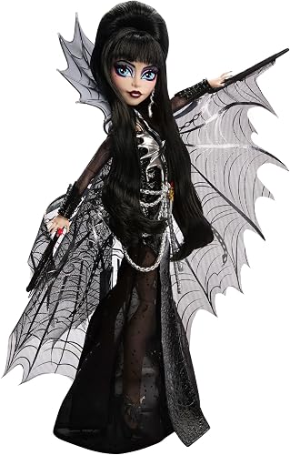 Monster High Doll, Elvira, Mistress of the Dark Collectible in Black Faux Leather Dress with Silvery Batwing Cape and Premium Accessories, HYV99 - 7