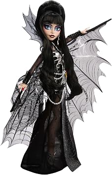 Monster High Doll, Elvira, Mistress of the Dark Collectible in Black Faux Leather Dress with Silvery Batwing Cape and Premium Accessories