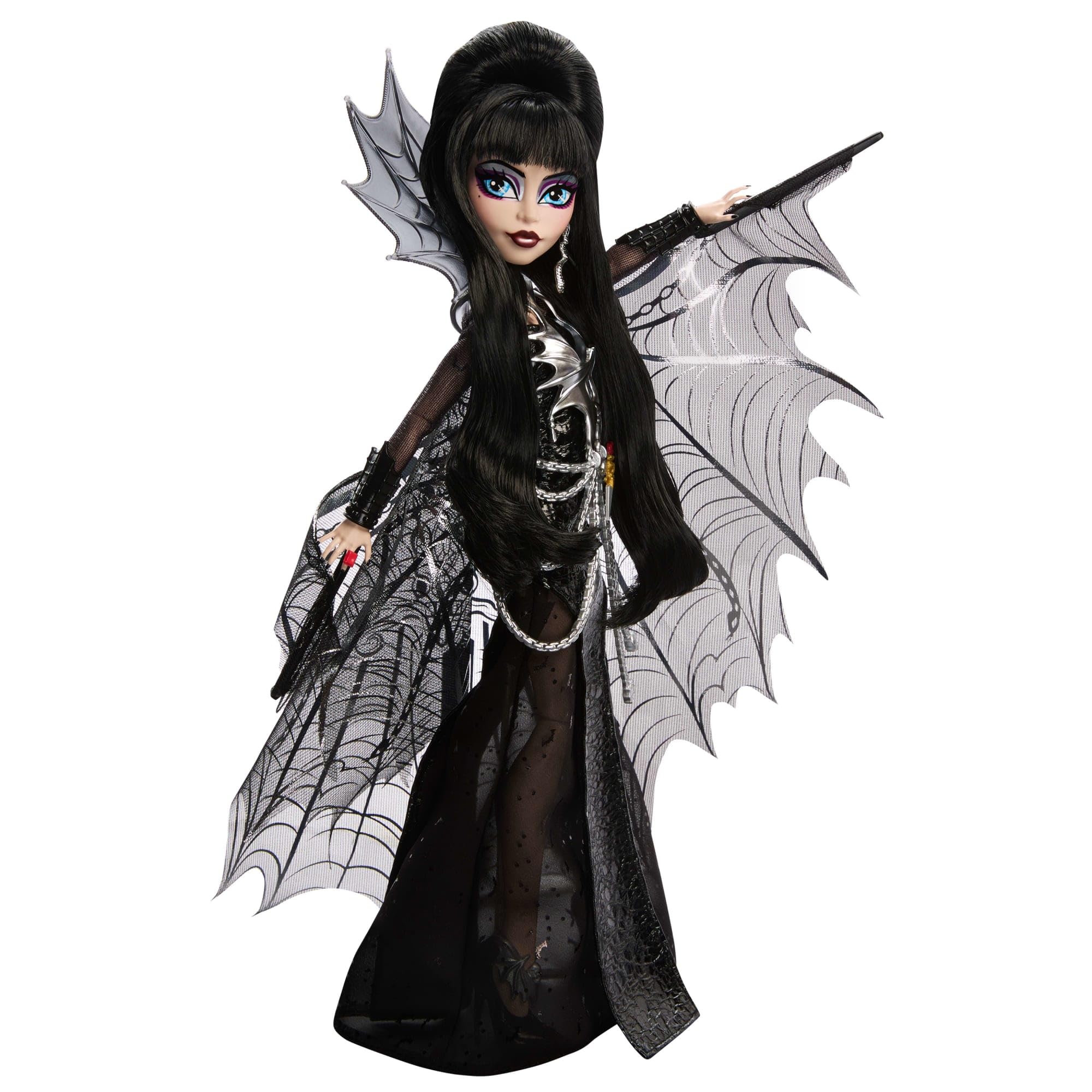 Monster High Skullector Elvira, Poupée Maîtresse des Ténèbres | Elvira en robe noire simili cuir avec cape chauve-souris argentée et accessoires premium, socle de poupée, HYV99