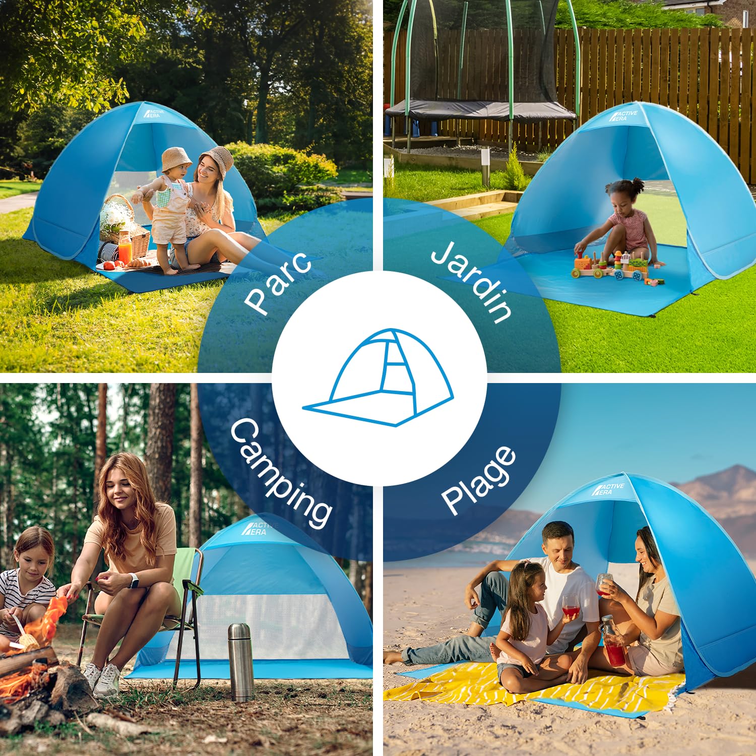Active Era Tente de Plage Pop Up Déployable, Protection Solaire UV UPF 50+, Abri de Plage Anti UV 2-3 Personnes, avec Sac de Transport et Piquets - Bleu