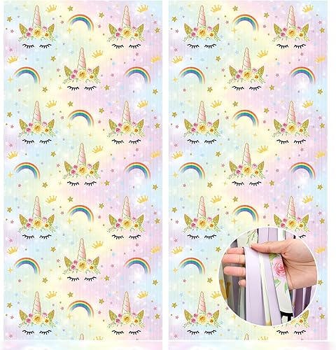 Paquete de 2 cortinas de flecos de aluminio de unicornio, 3.3 x 6.6 pies, decoraciones coloridas de fondo de cumpleaños, serpentinas metálicas de