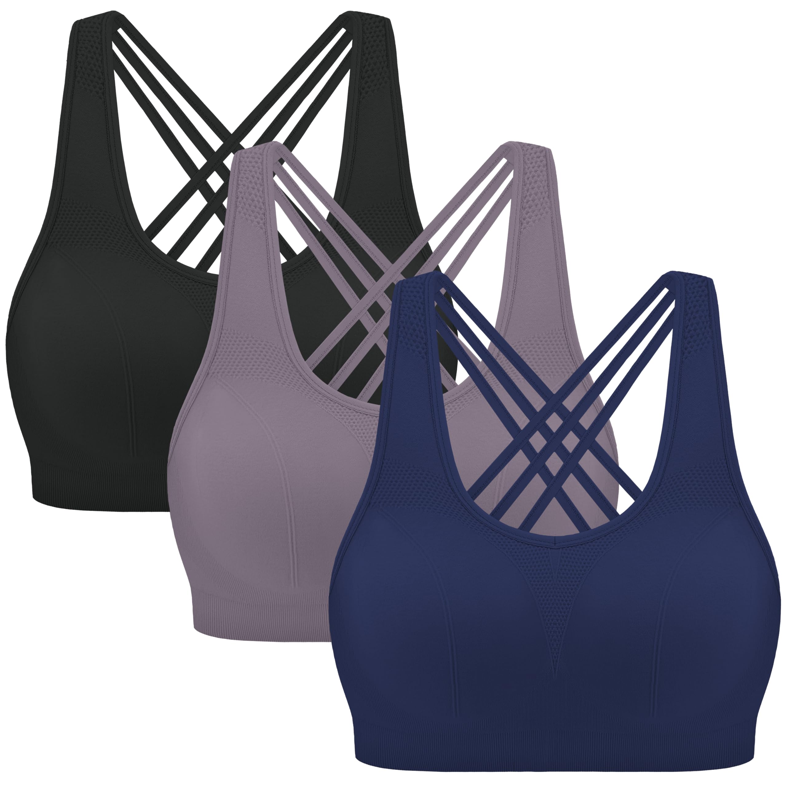 MIRITY Strappy Sports Bra for Women - Padded Seamless Support for Yoga Gym Workout Fitness Pack of 3